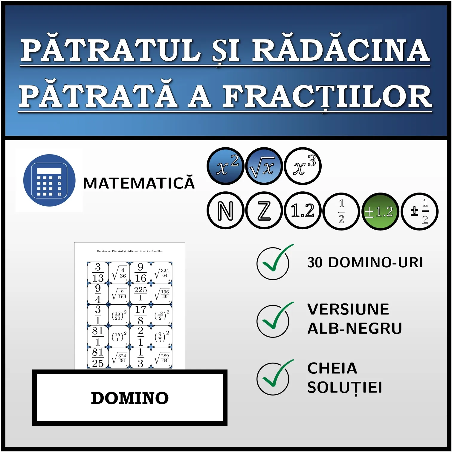 Domino: Pătratul și rădăcina pătrată a fracțiilor