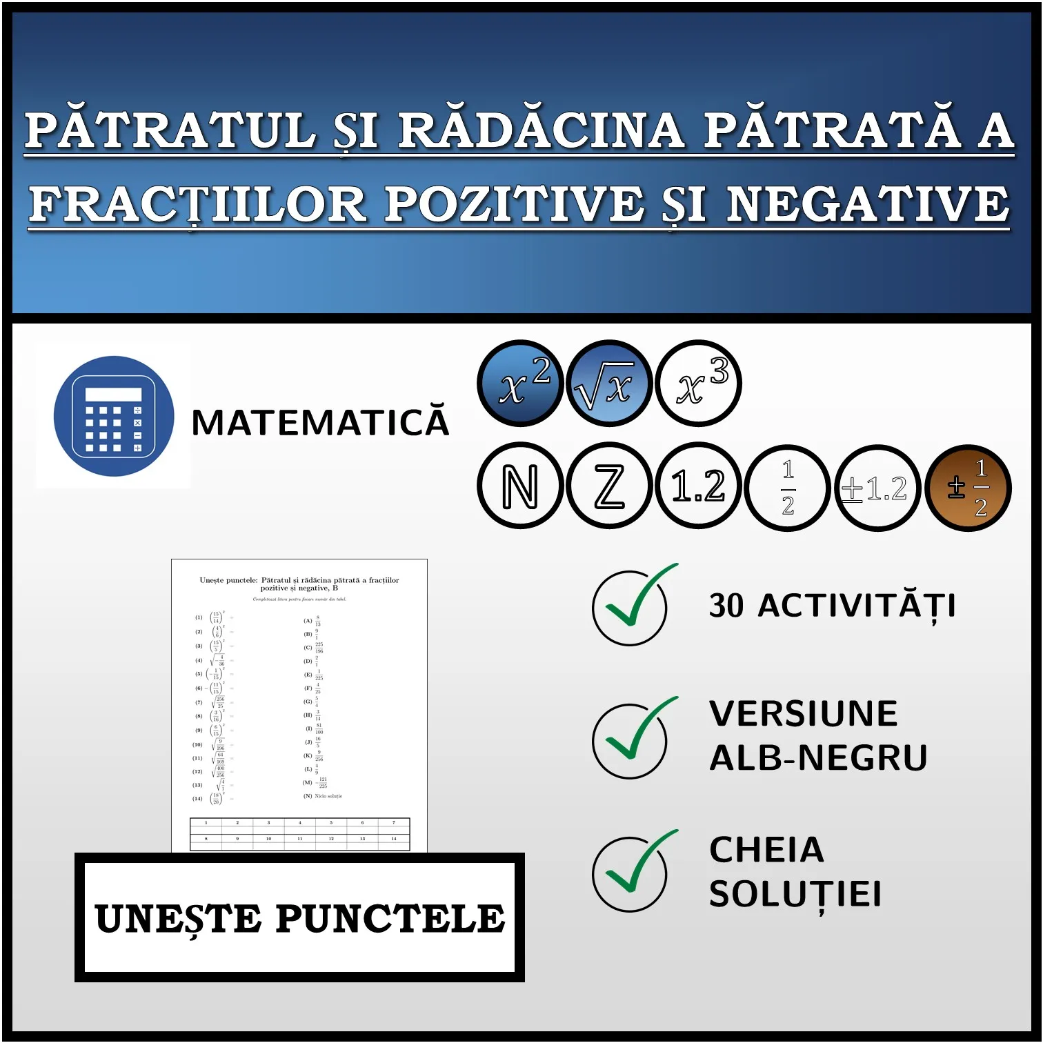 Exercițiu de asociere: Pătratul și rădăcina pătrată a fracțiilor pozitive și negative