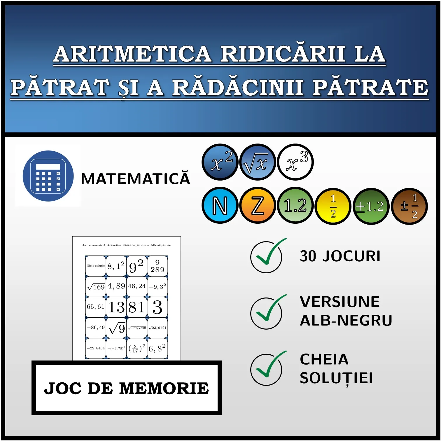 Joc de memorie: Aritmetica ridicării la pătrat și a rădăcinii pătrate