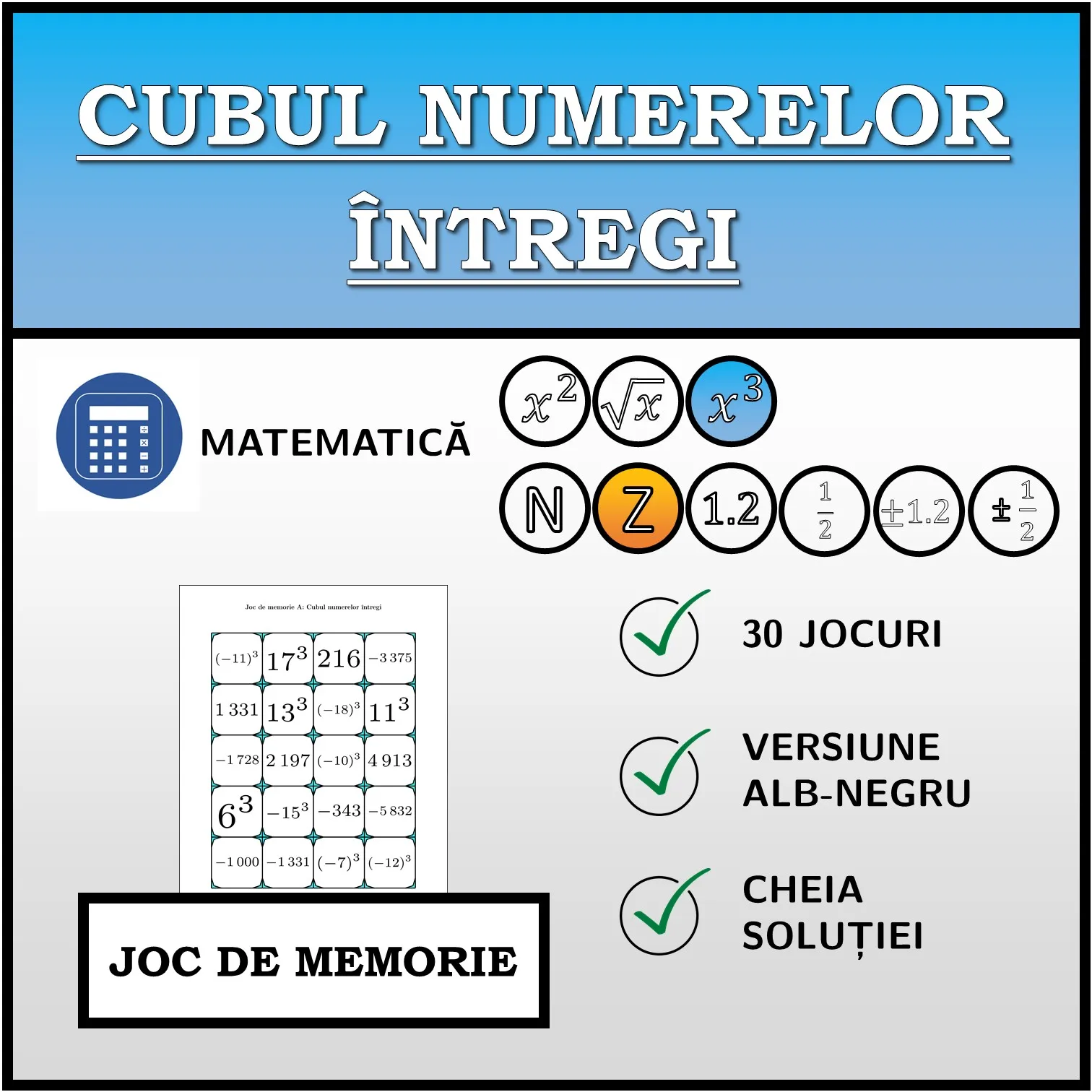 Joc de memorie: Cubul numerelor întregi