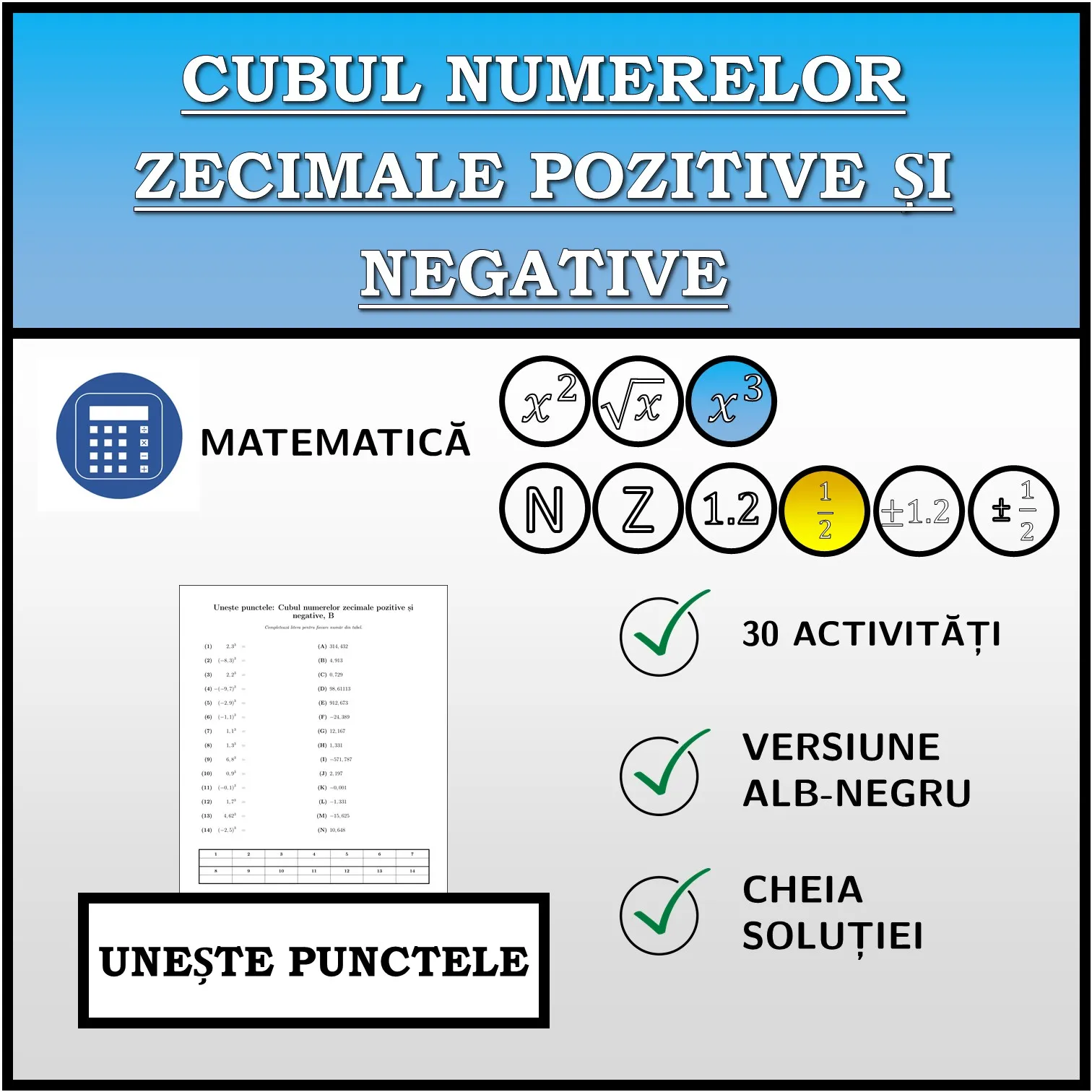 Exercițiu de asociere: Cubul numerelor zecimale pozitive și negative