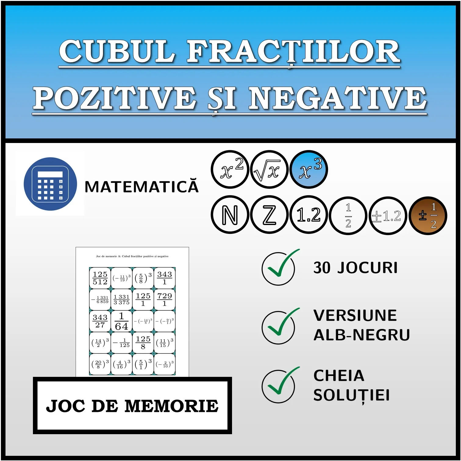 Joc de memorie: Cubul fracțiilor pozitive și negative
