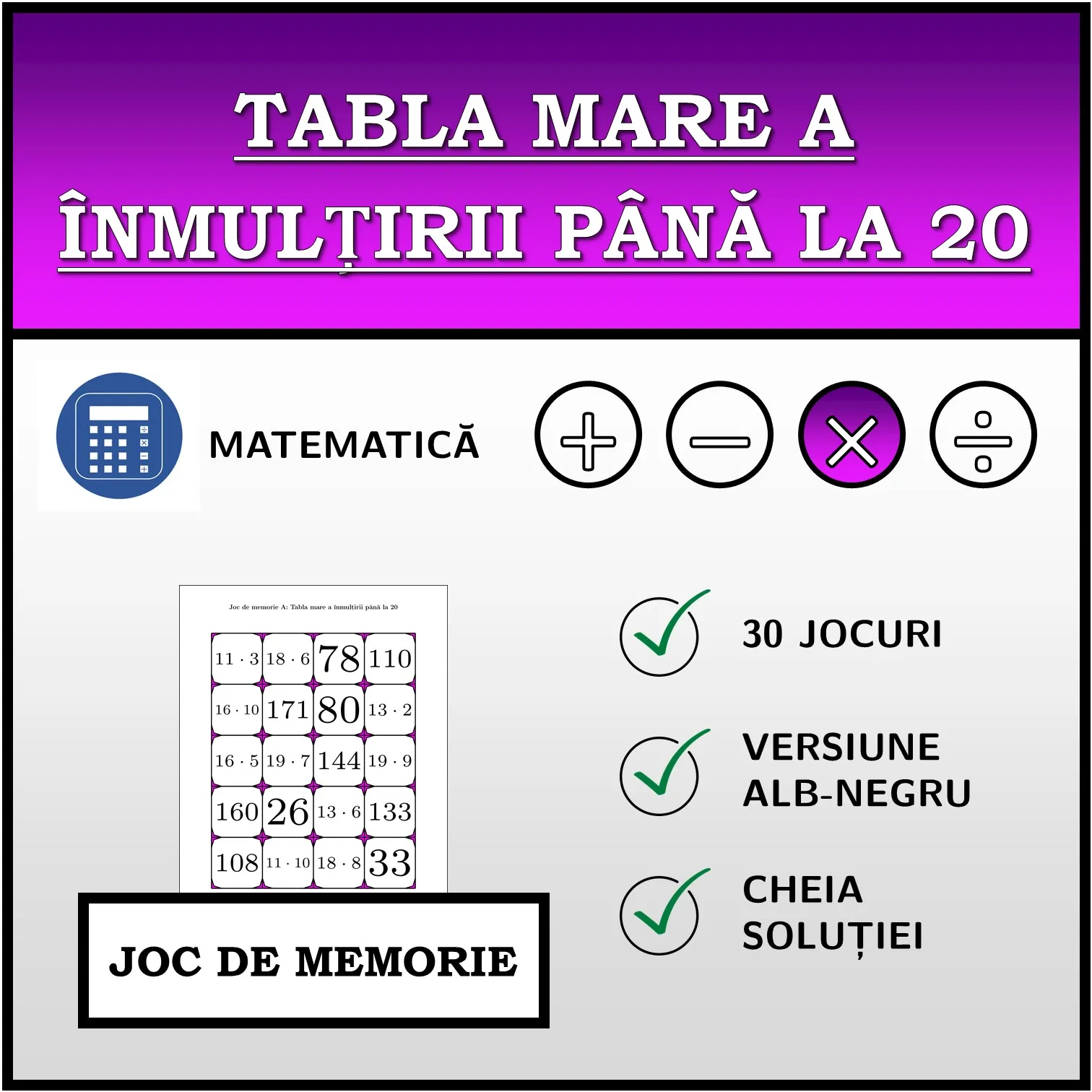 Joc de memorie: Tabla mare a înmulțirii până la 20