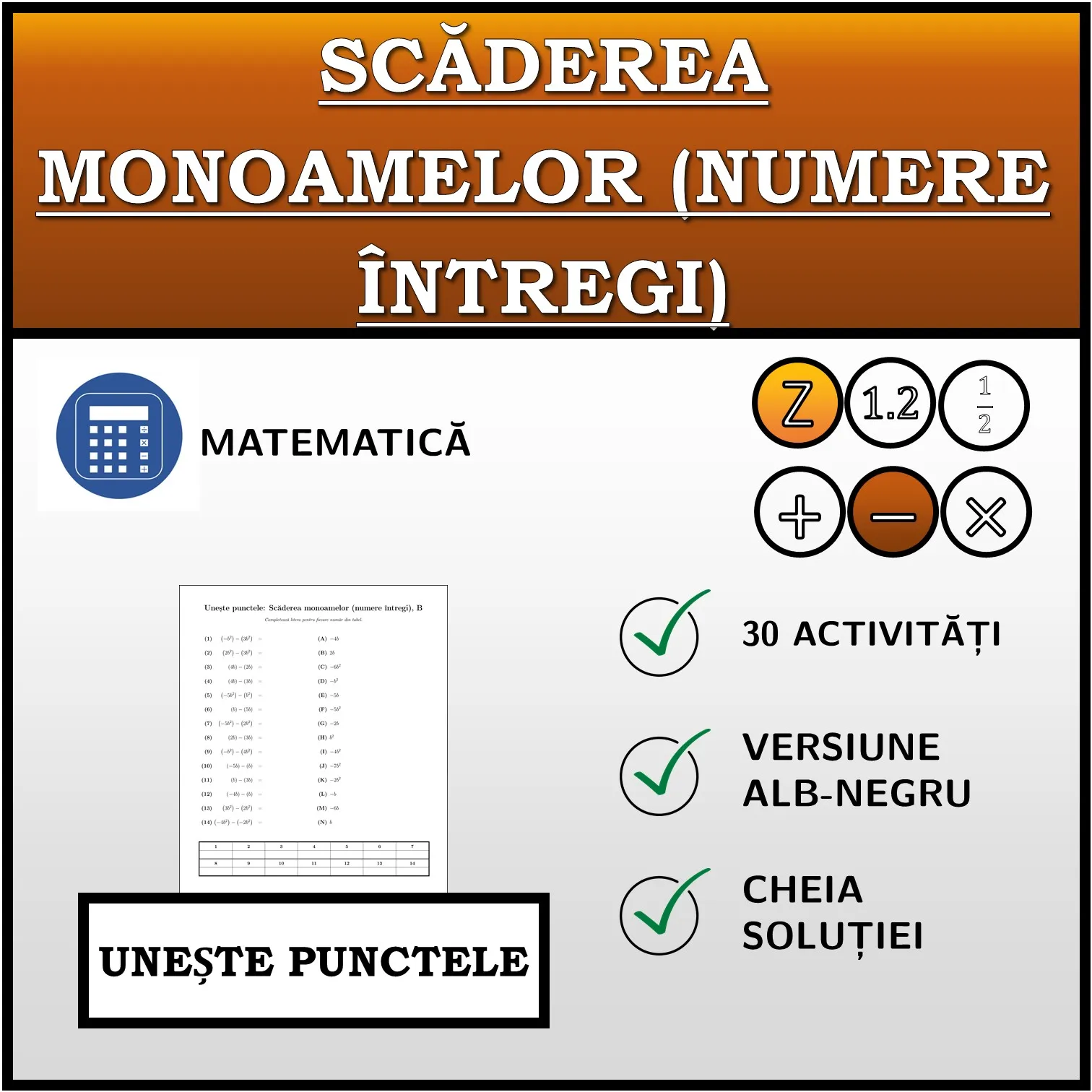 Exercițiu de asociere: Scăderea monoamelor (numere întregi)