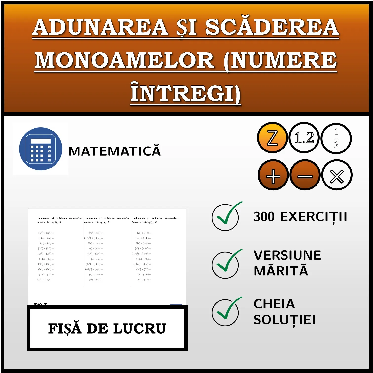 Fișă de lucru: Adunarea și scăderea monoamelor (numere întregi)