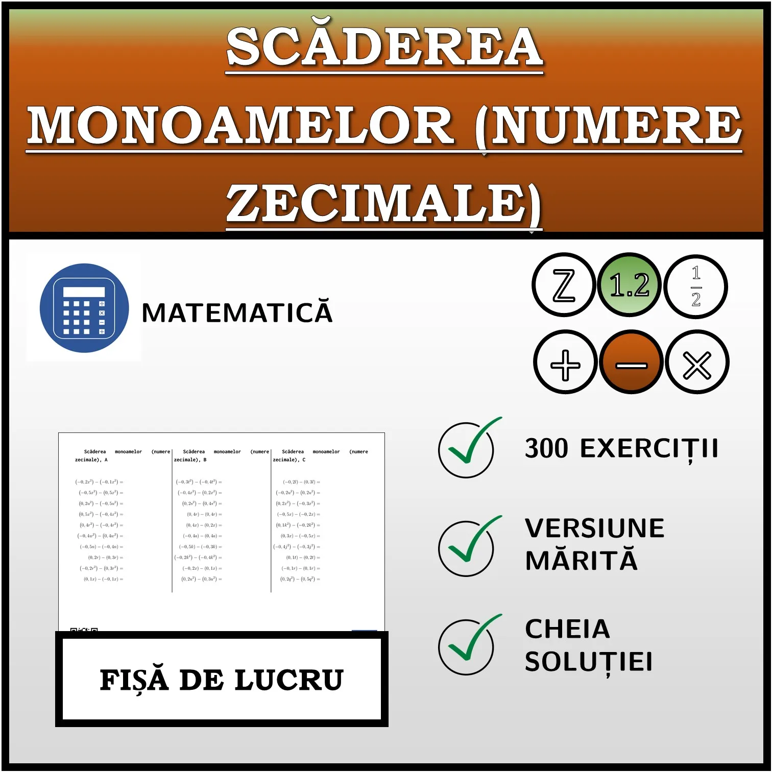 Fișă de lucru: Scăderea monoamelor (numere zecimale)