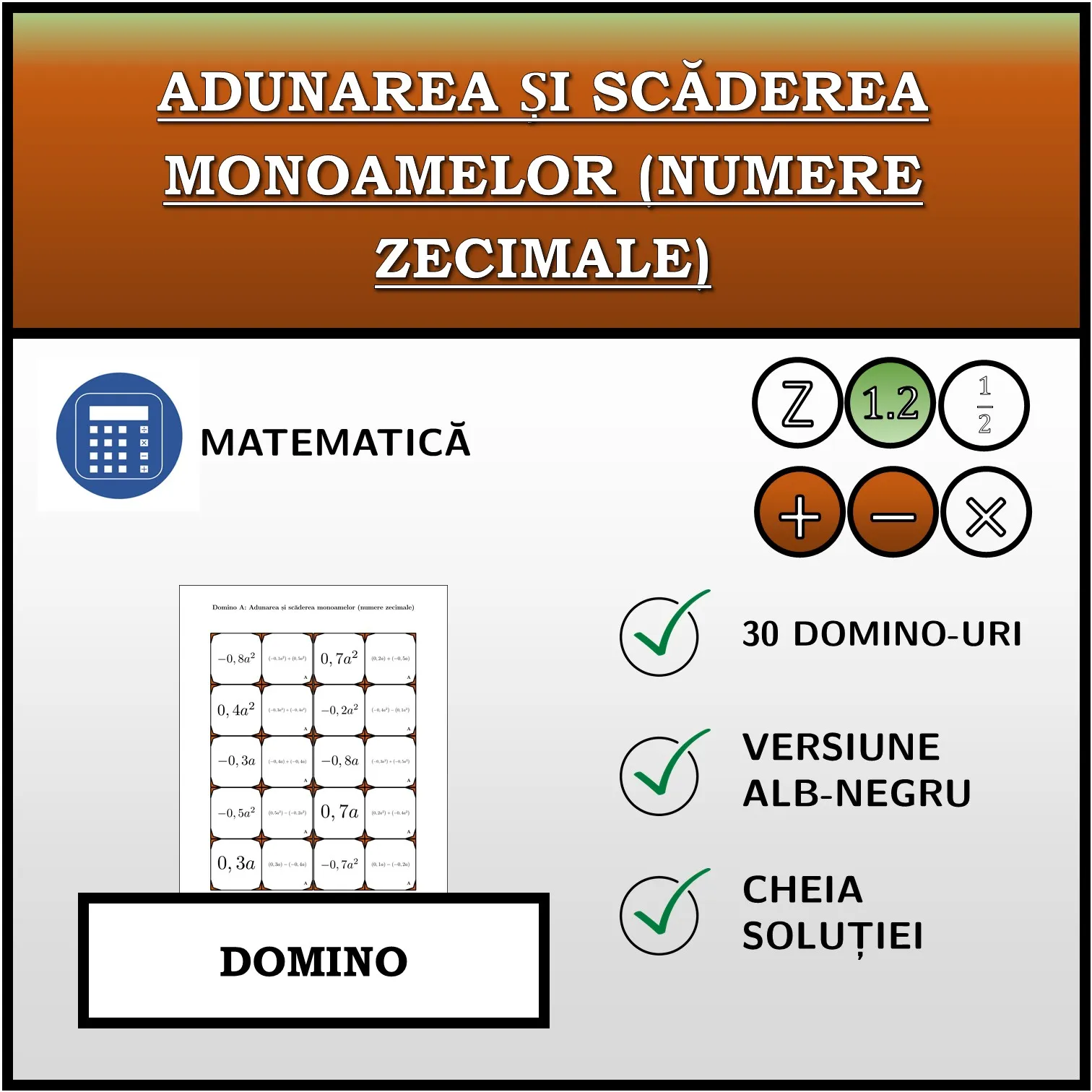 Domino: Adunarea și scăderea monoamelor (numere zecimale)