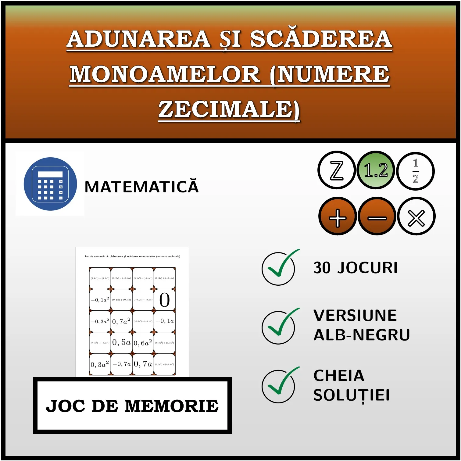 Joc de memorie: Adunarea și scăderea monoamelor (numere zecimale)