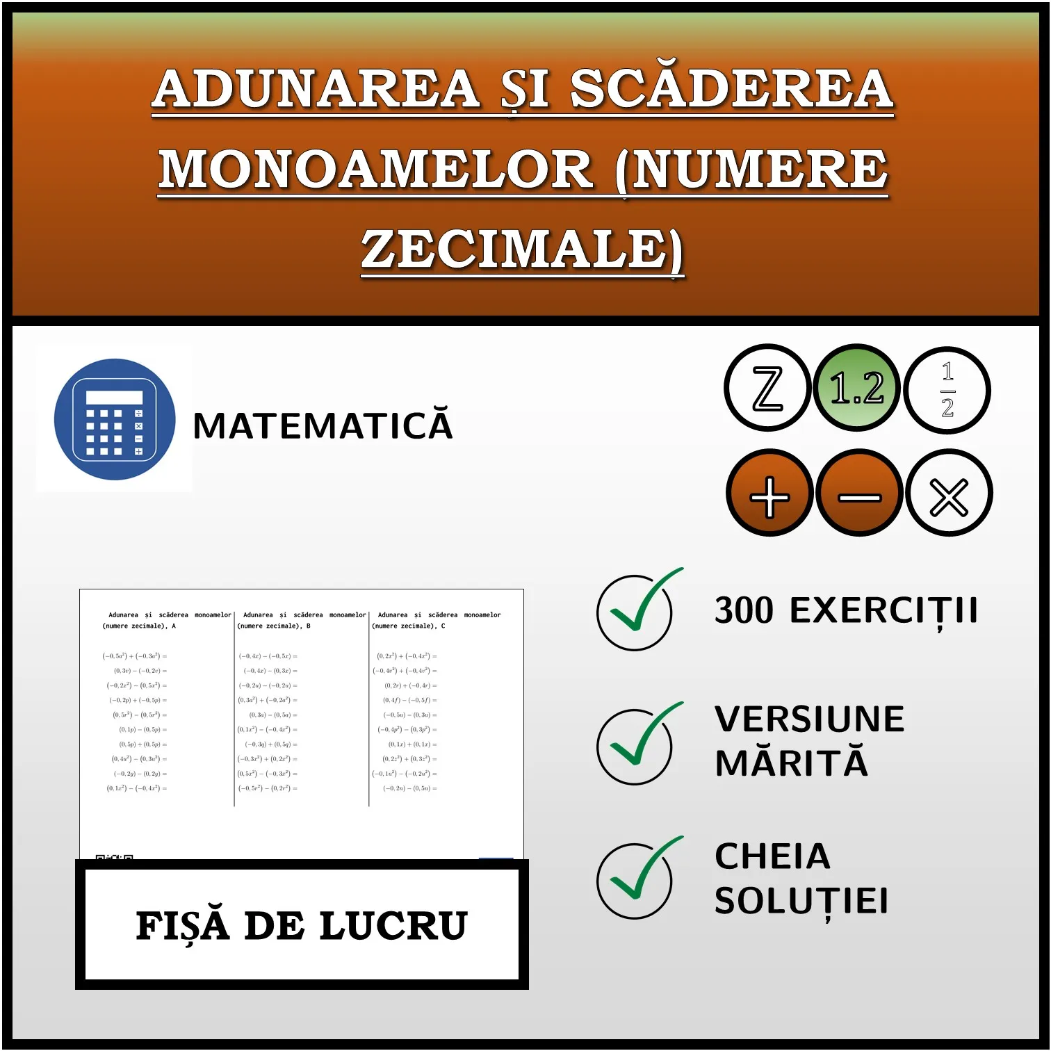 Fișă de lucru: Adunarea și scăderea monoamelor (numere zecimale)