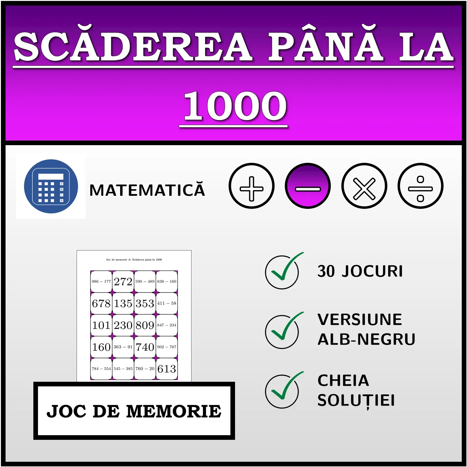 Joc de memorie: Scăderea până la 1000