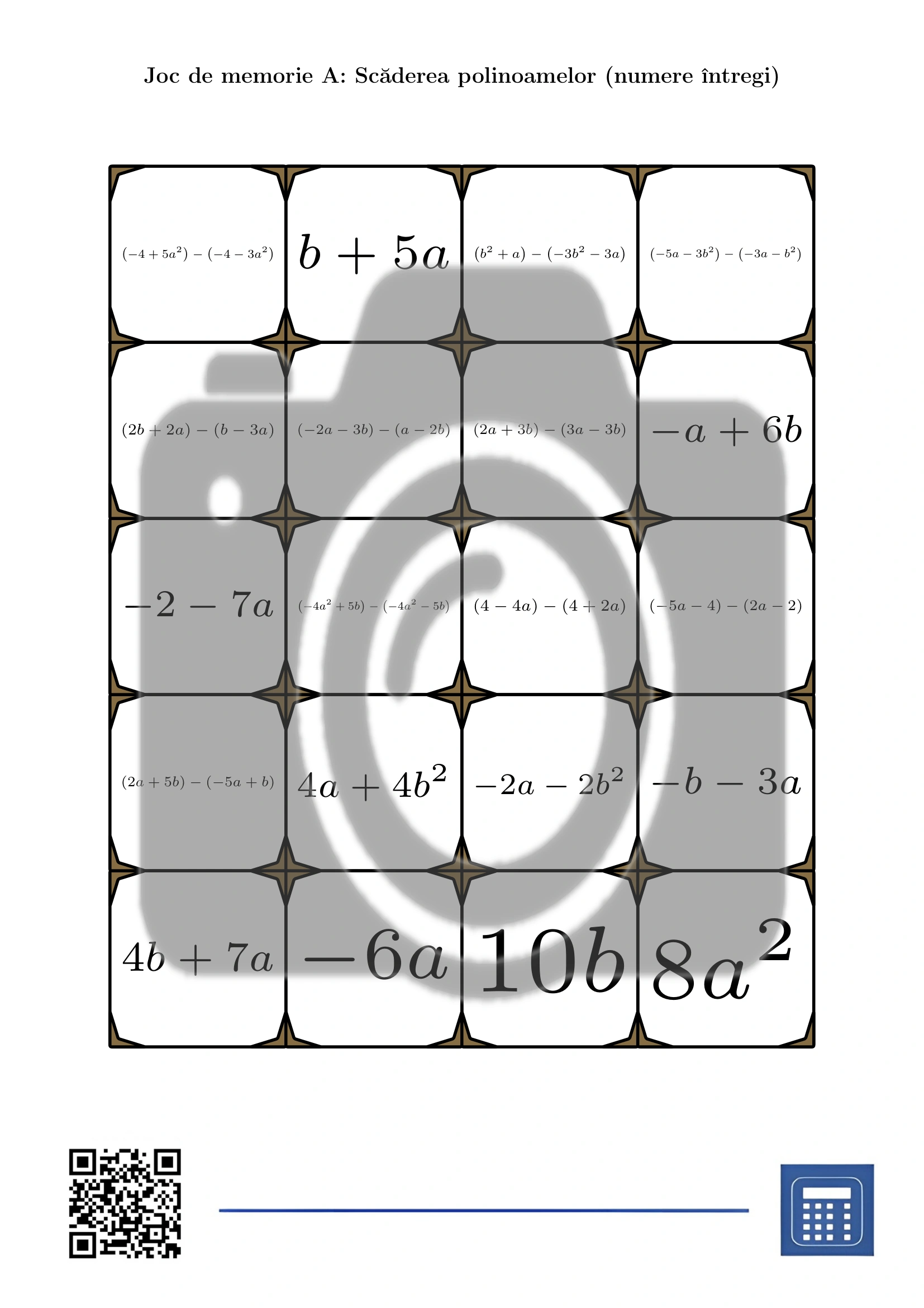 Joc de memorie: Scăderea polinoamelor (numere întregi) - imagine 2