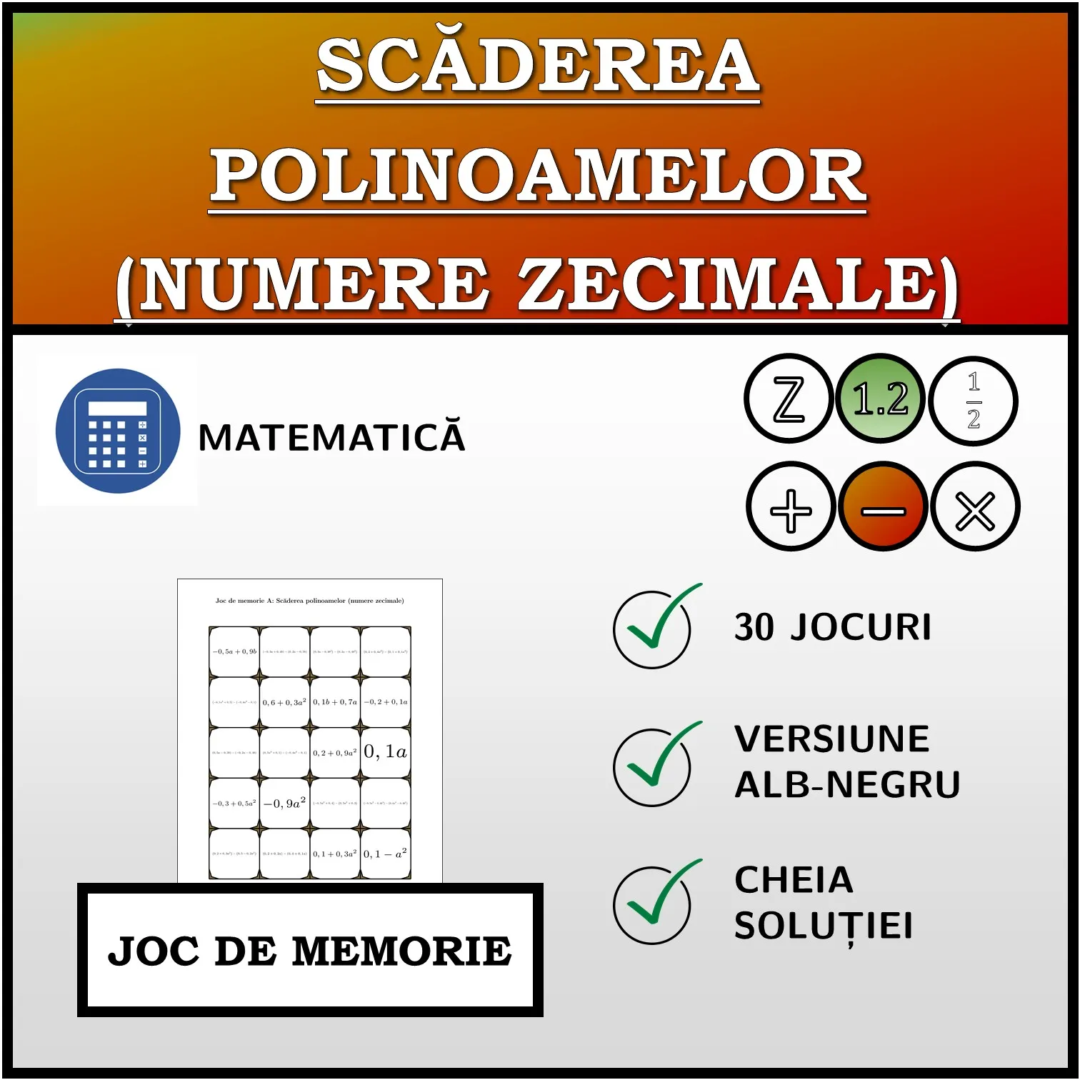 Joc de memorie: Scăderea polinoamelor (numere zecimale)