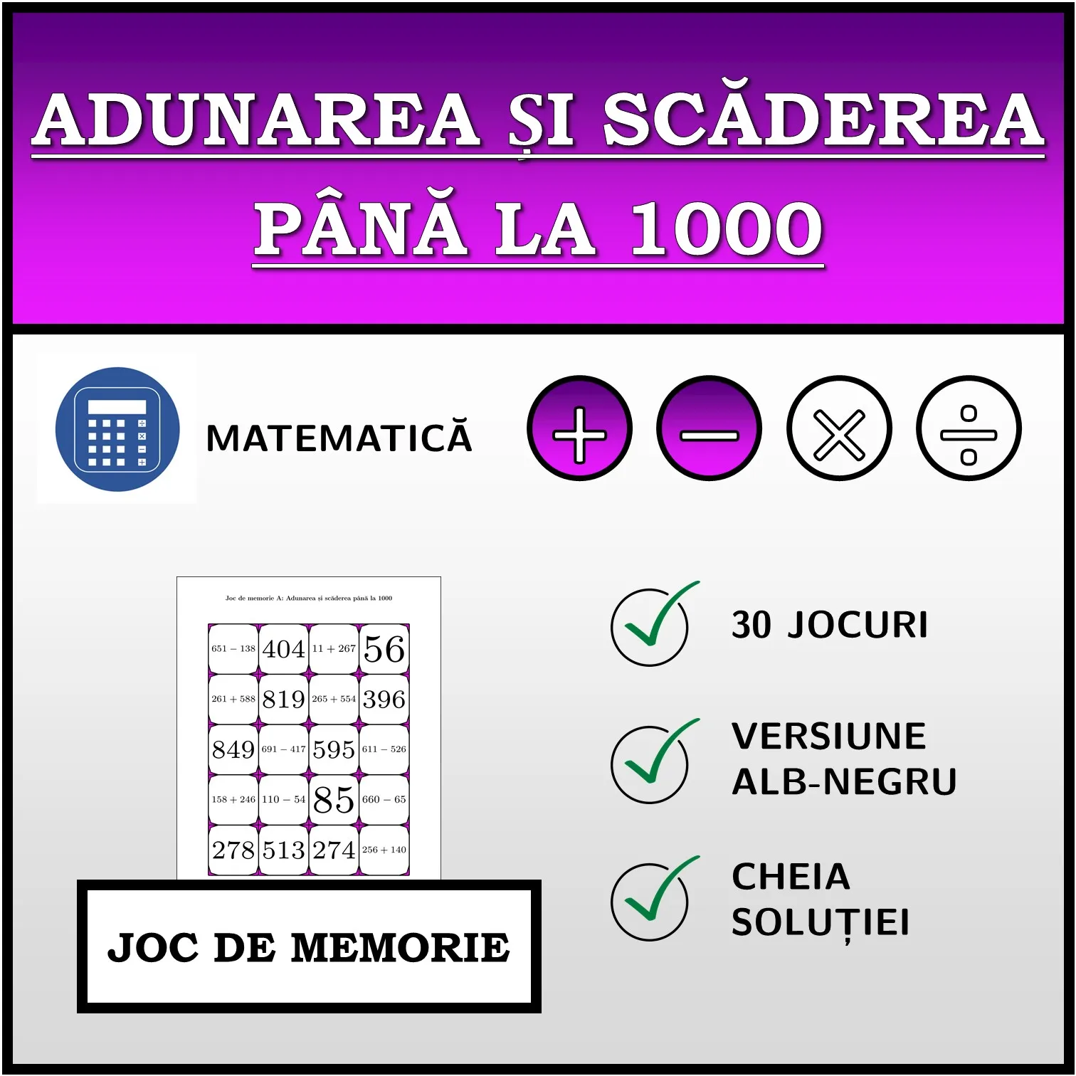 Joc de memorie: Adunarea și scăderea până la 1000