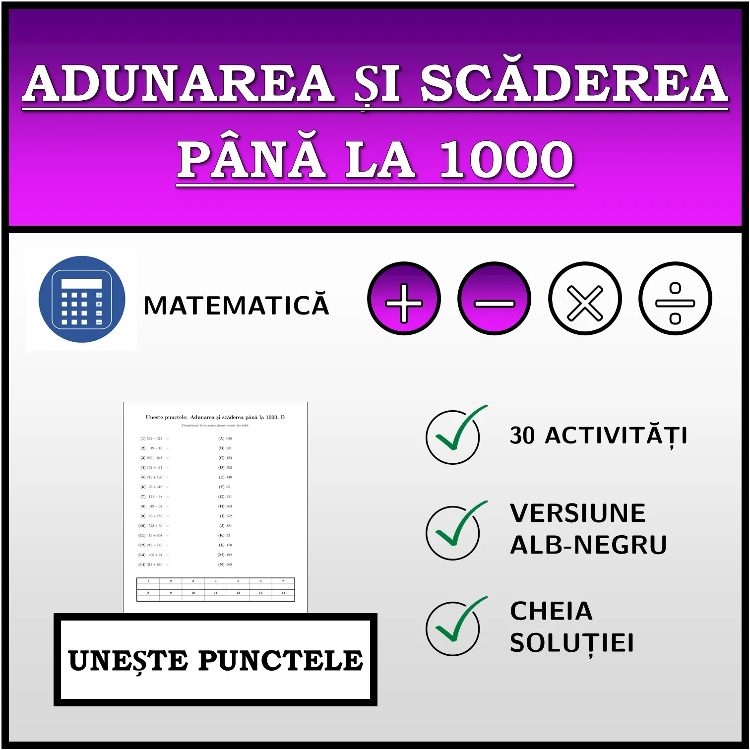 Exercițiu de asociere: Adunarea și scăderea până la 1000