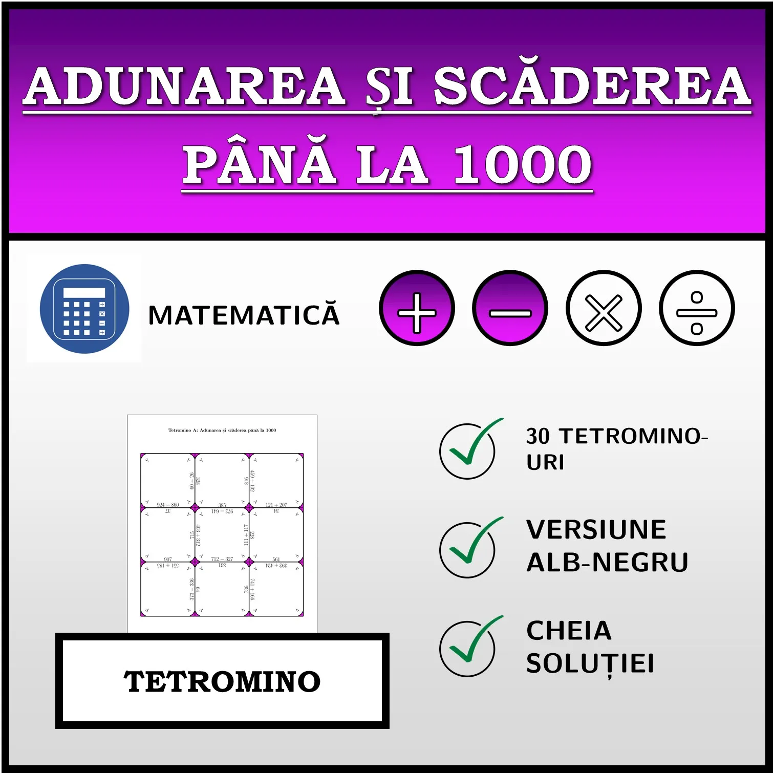 Tetromino: Adunarea și scăderea până la 1000