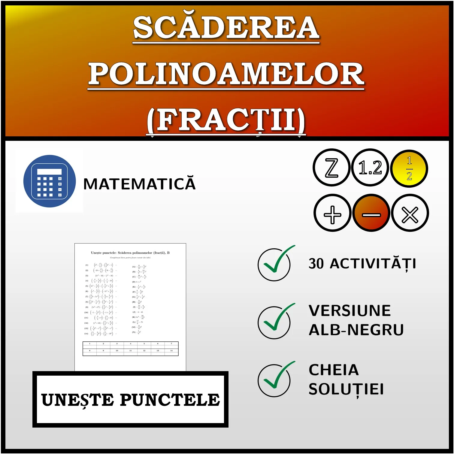 Exercițiu de asociere: Scăderea polinoamelor (fracții)