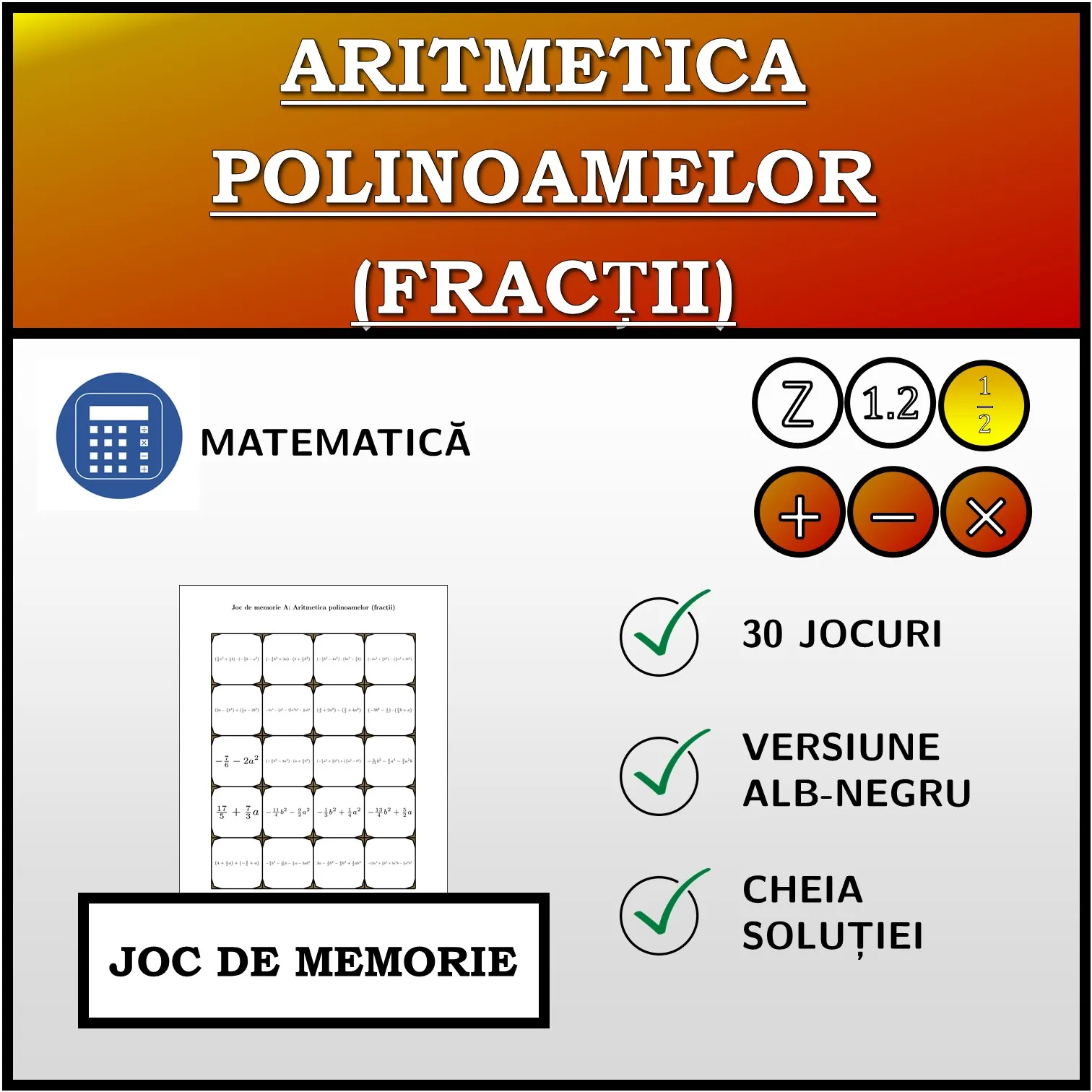 Joc de memorie: Aritmetica polinoamelor (fracții)