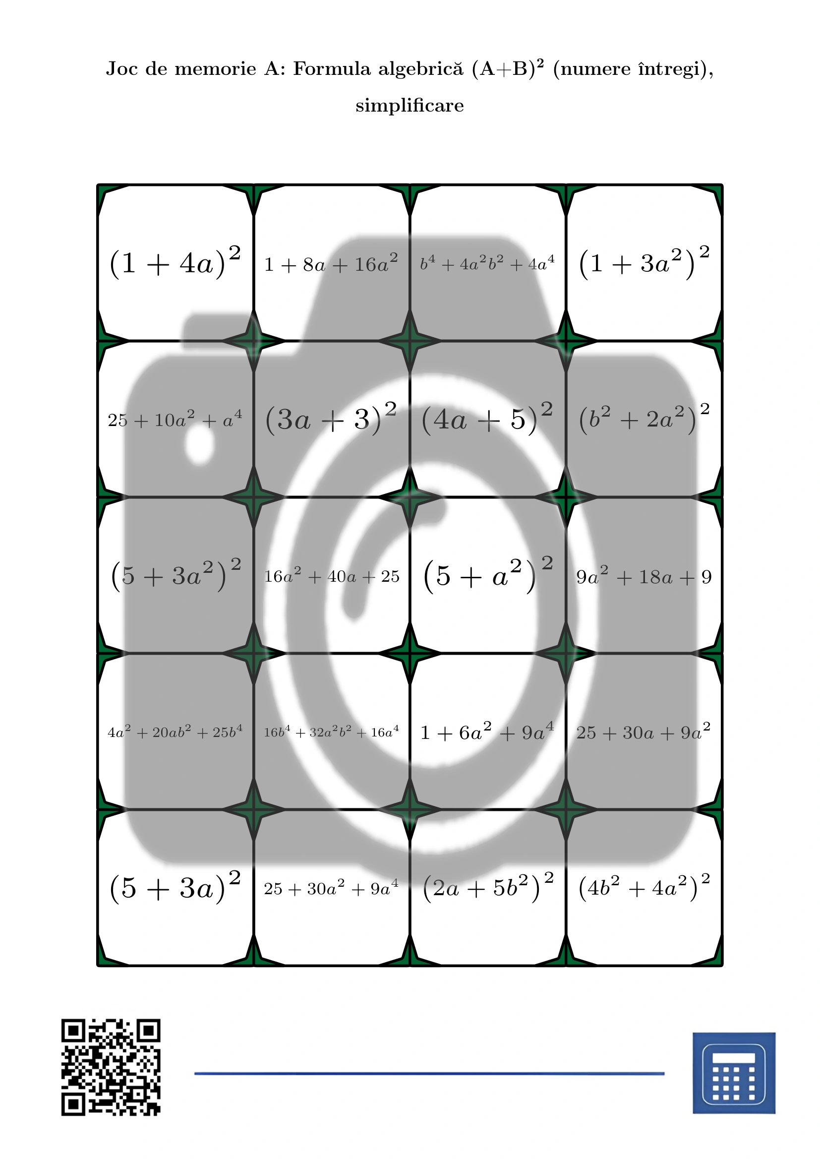 Joc de memorie: Formula algebrică (A+B)² (numere întregi), simplificare - imagine 2