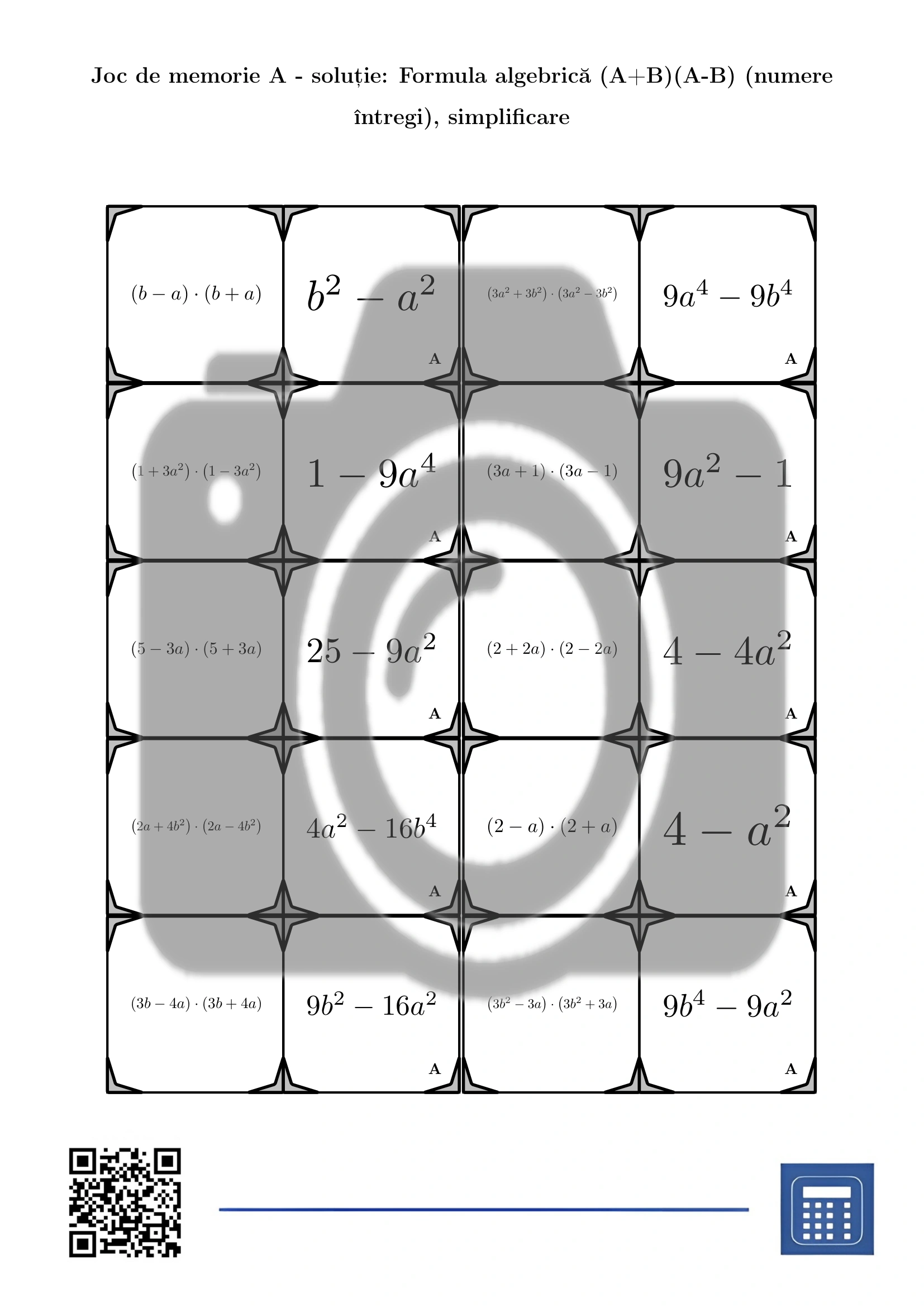 Joc de memorie: Formula algebrică (A+B)(A-B) (numere întregi), simplificare - imagine 4