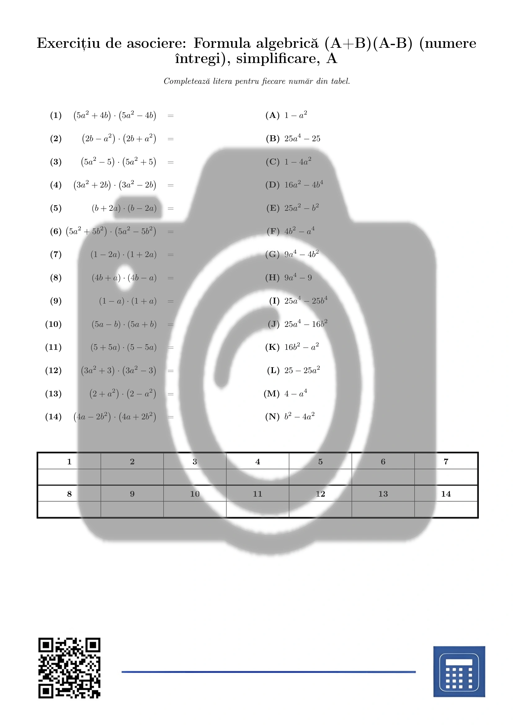 Exercițiu de asociere: Formula algebrică (A+B)(A-B) (numere întregi), simplificare - imagine 2