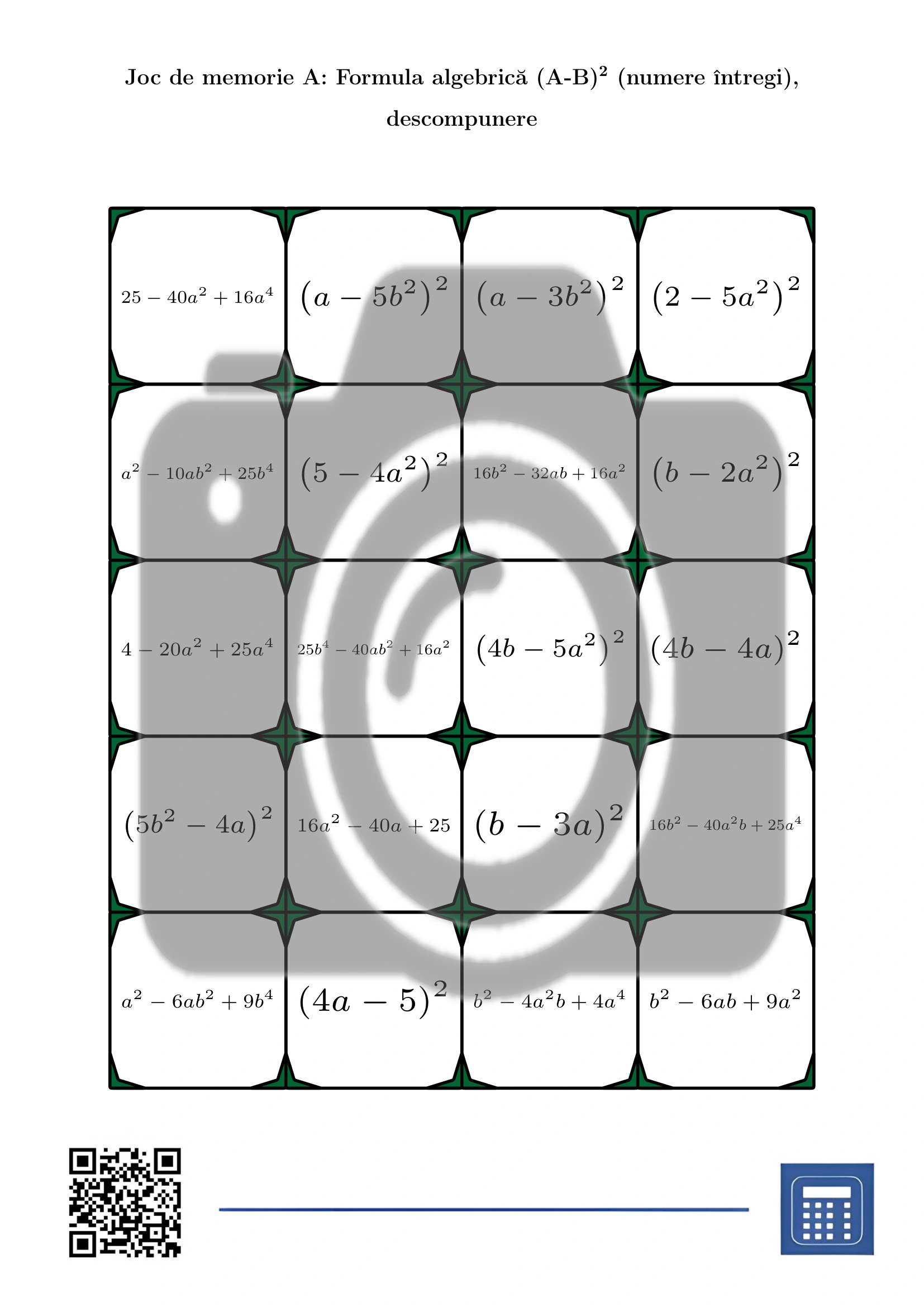 Joc de memorie: Formula algebrică (A-B)² (numere întregi), descompunere - imagine 2