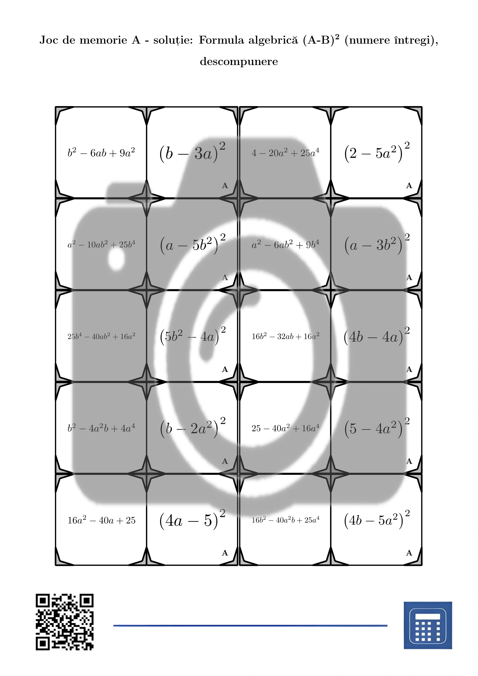 Joc de memorie: Formula algebrică (A-B)² (numere întregi), descompunere - imagine 4