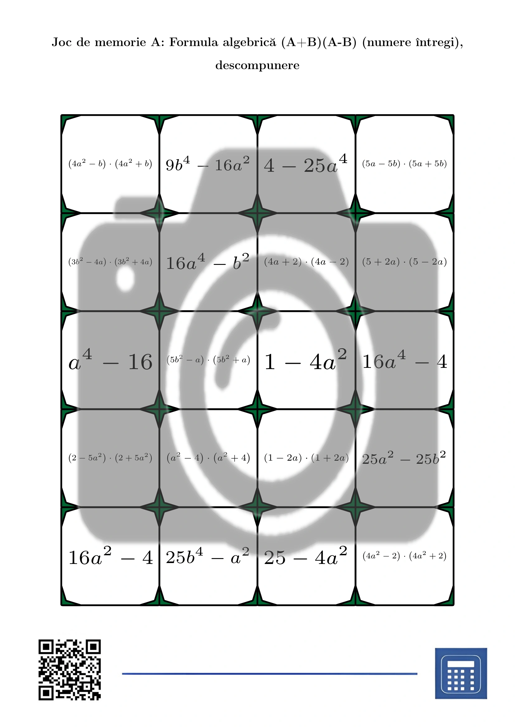 Joc de memorie: Formula algebrică (A+B)(A-B) (numere întregi), descompunere - imagine 2