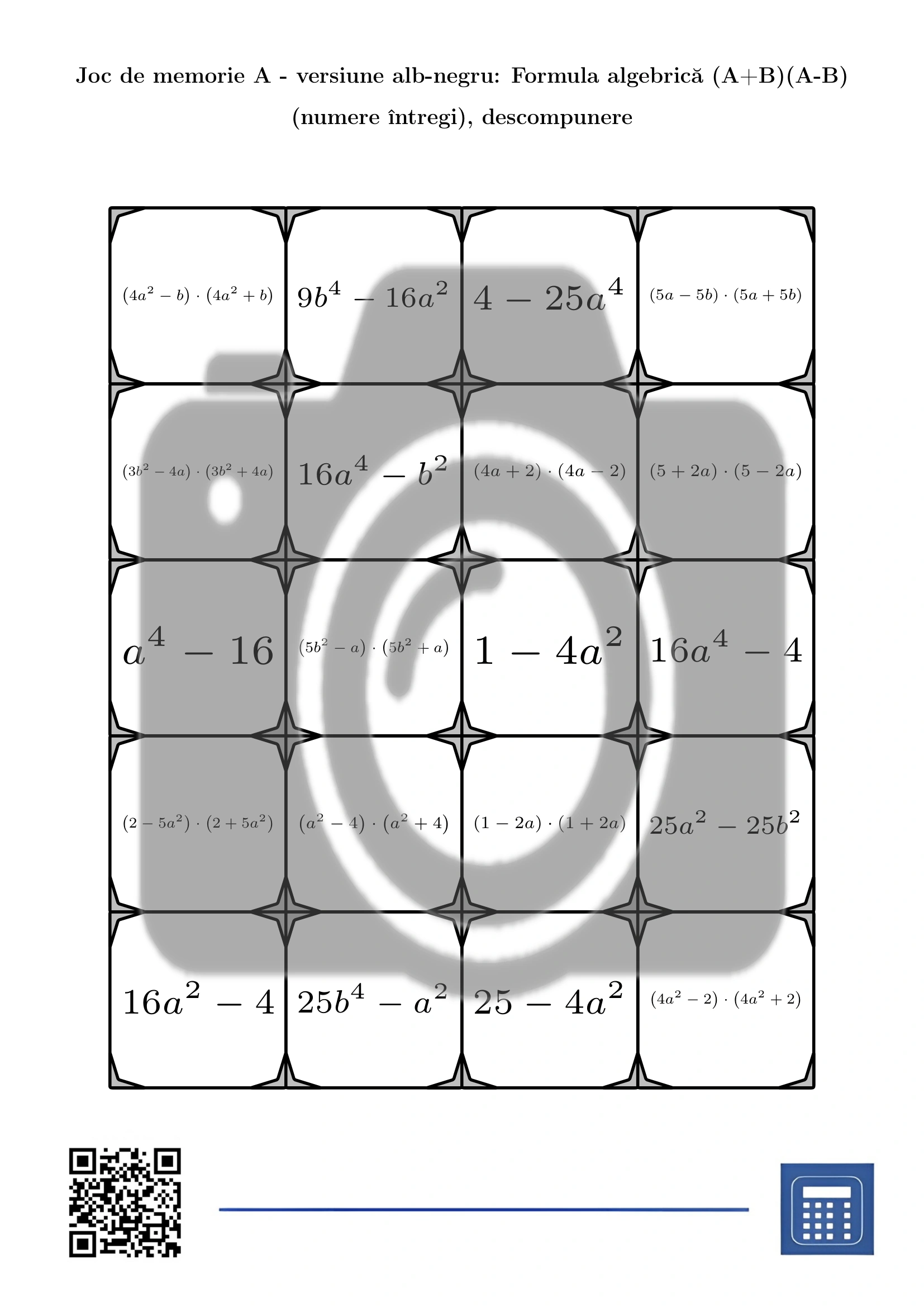 Joc de memorie: Formula algebrică (A+B)(A-B) (numere întregi), descompunere - imagine 3