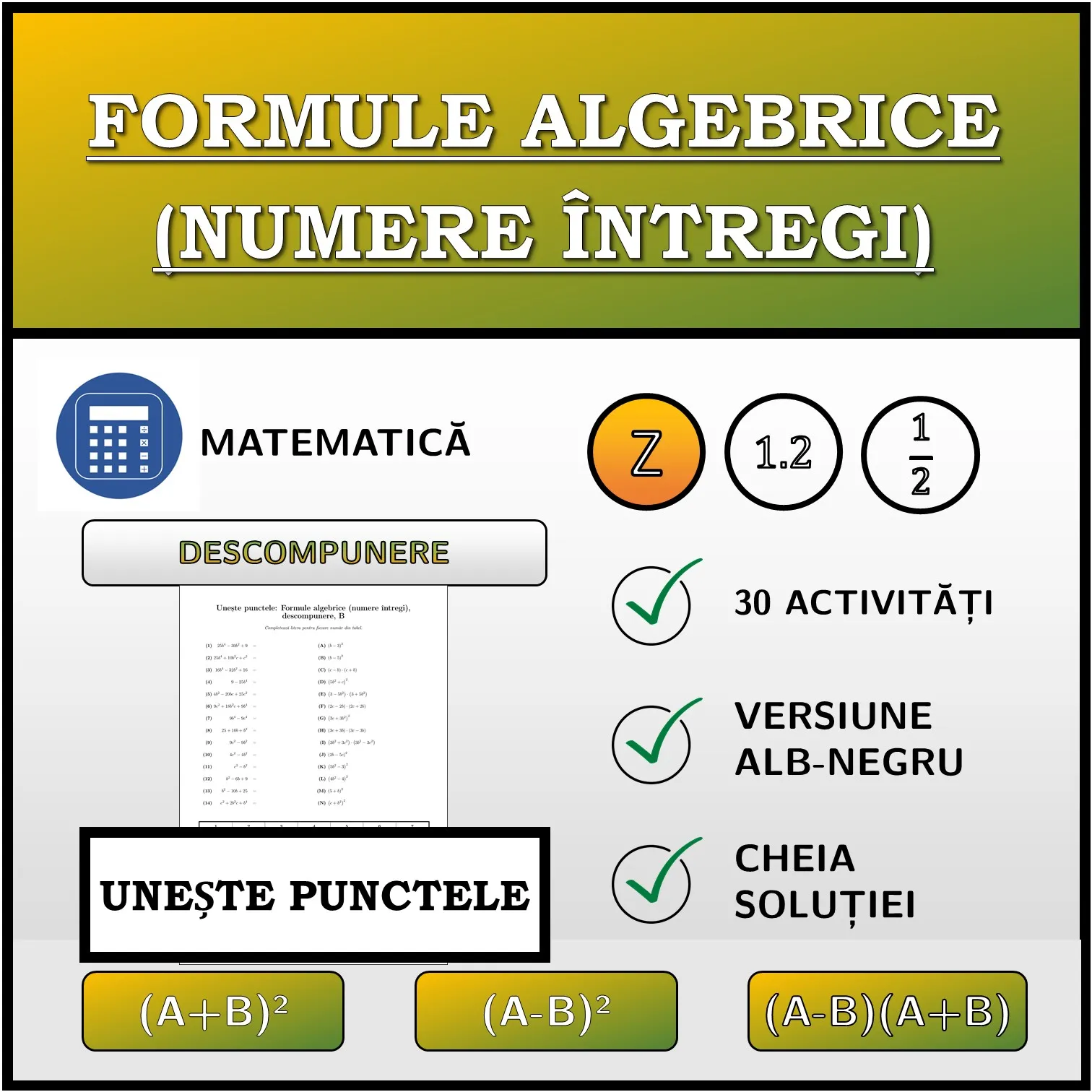 Exercițiu de asociere: Formule algebrice (numere întregi), descompunere