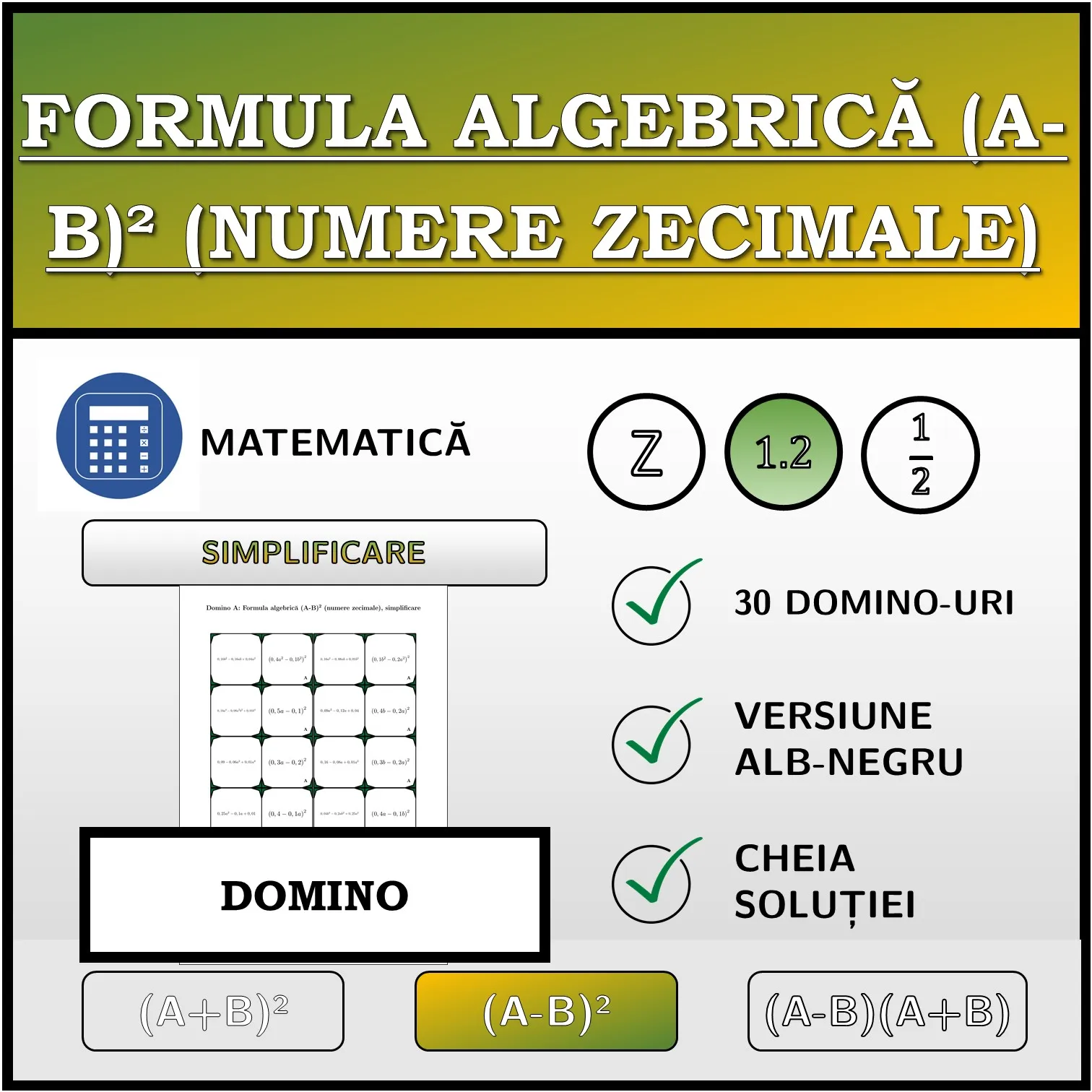Domino: Formula algebrică (A-B)² (numere zecimale), simplificare