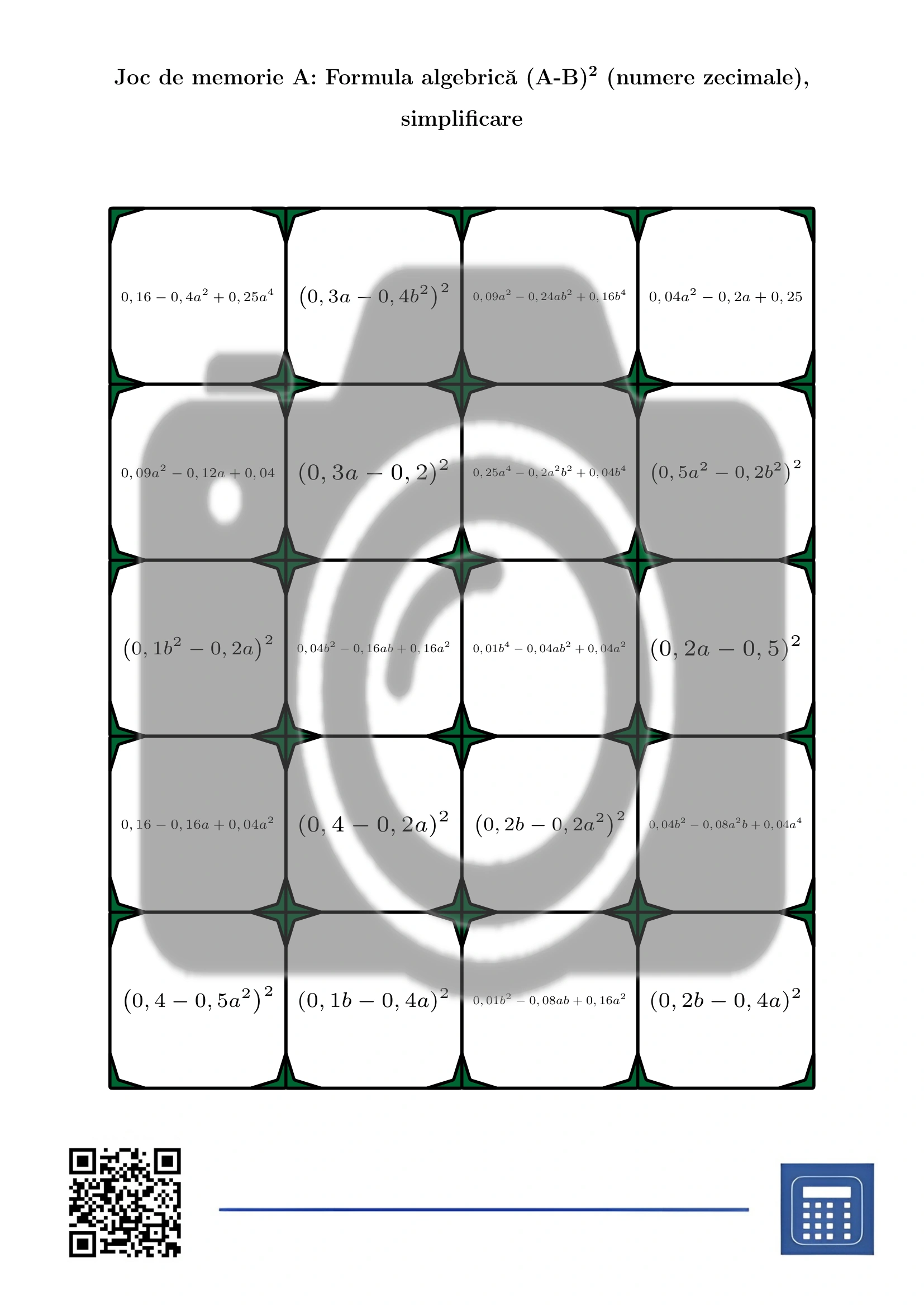 Joc de memorie: Formula algebrică (A-B)² (numere zecimale), simplificare - imagine 2