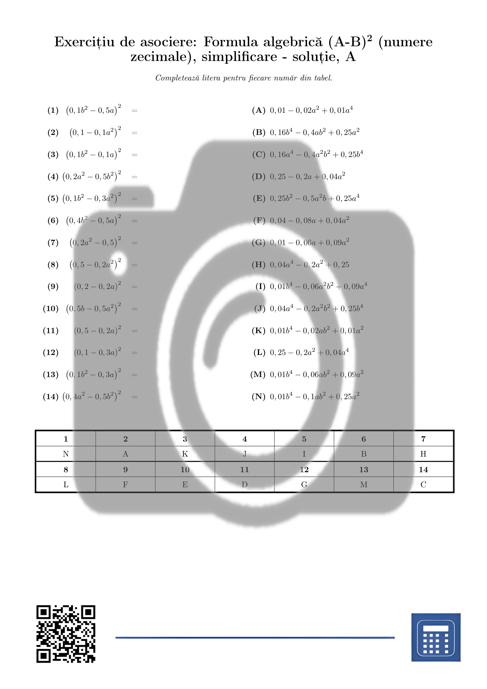 Exercițiu de asociere: Formula algebrică (A-B)² (numere zecimale), simplificare - imagine 3