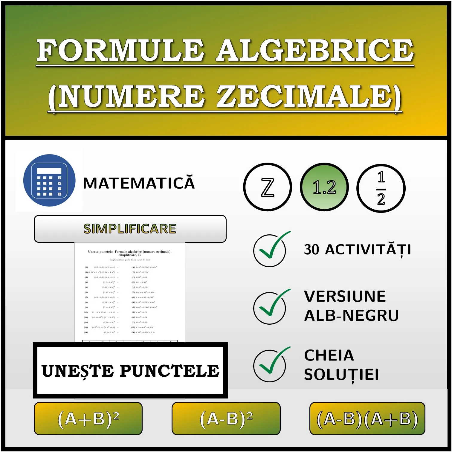 Exercițiu de asociere: Formule algebrice (numere zecimale), simplificare