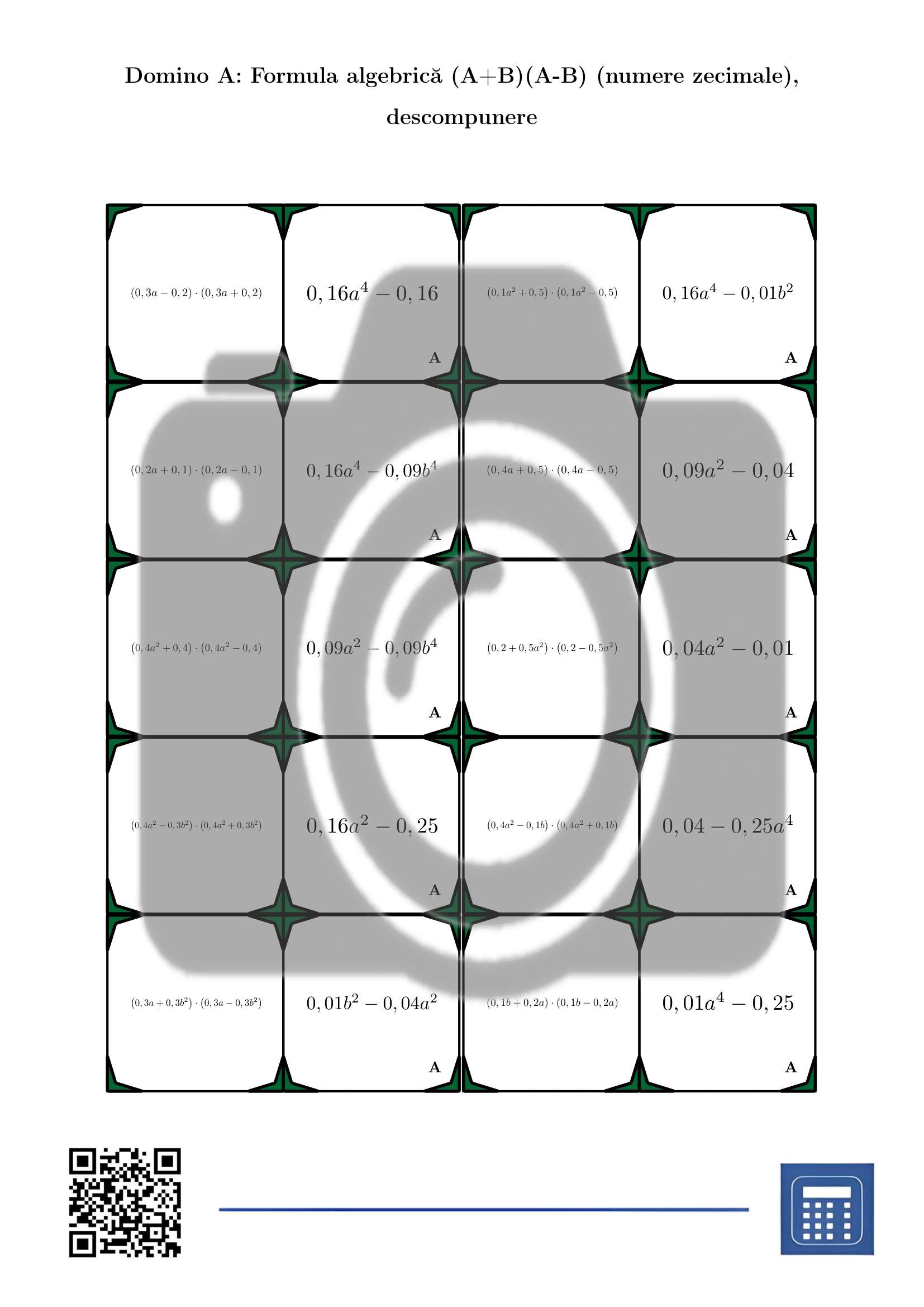 Domino: Formula algebrică (A+B)(A-B) (numere zecimale), descompunere - imagine 2