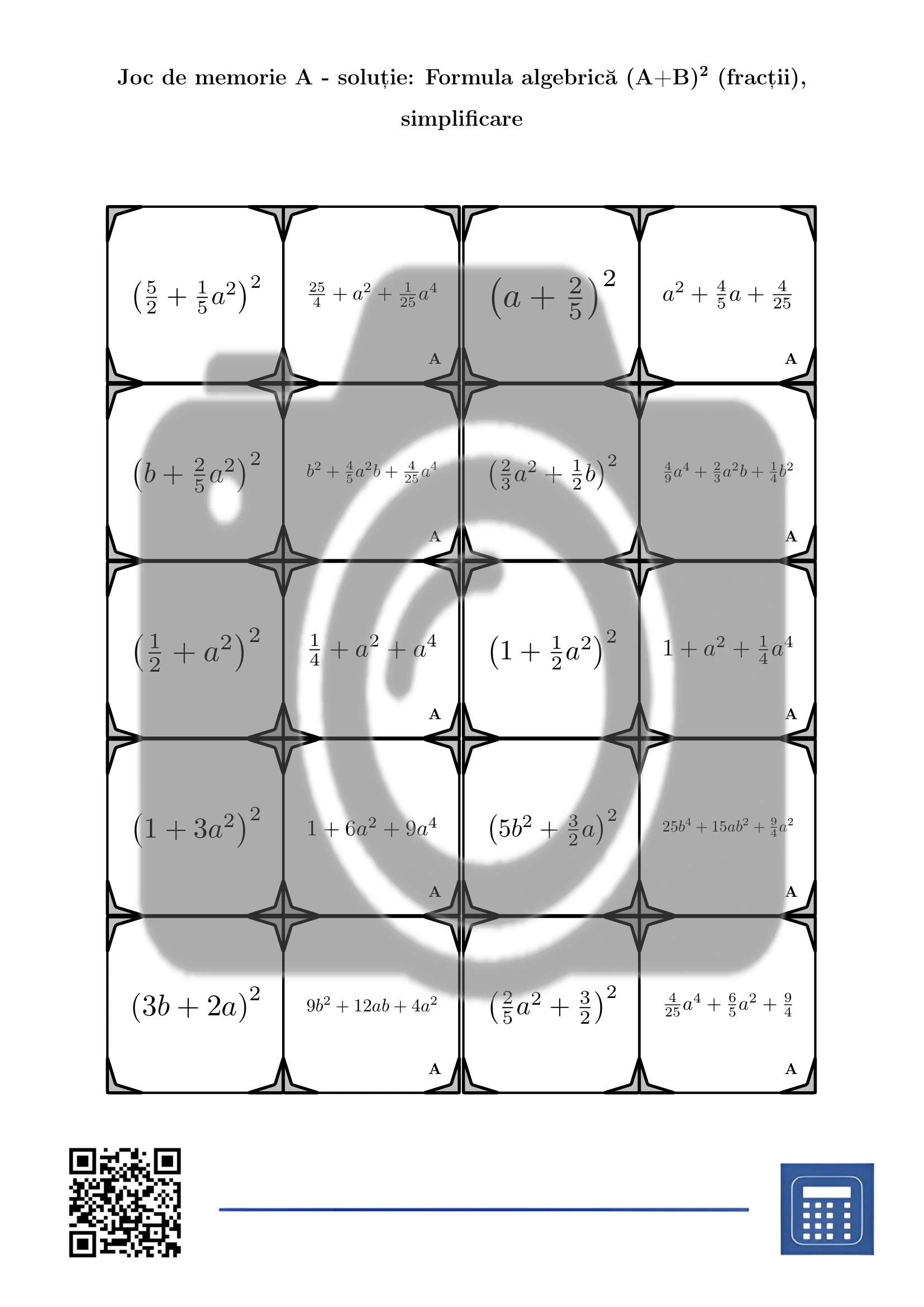 Joc de memorie: Formula algebrică (A+B)² (fracții), simplificare - imagine 4