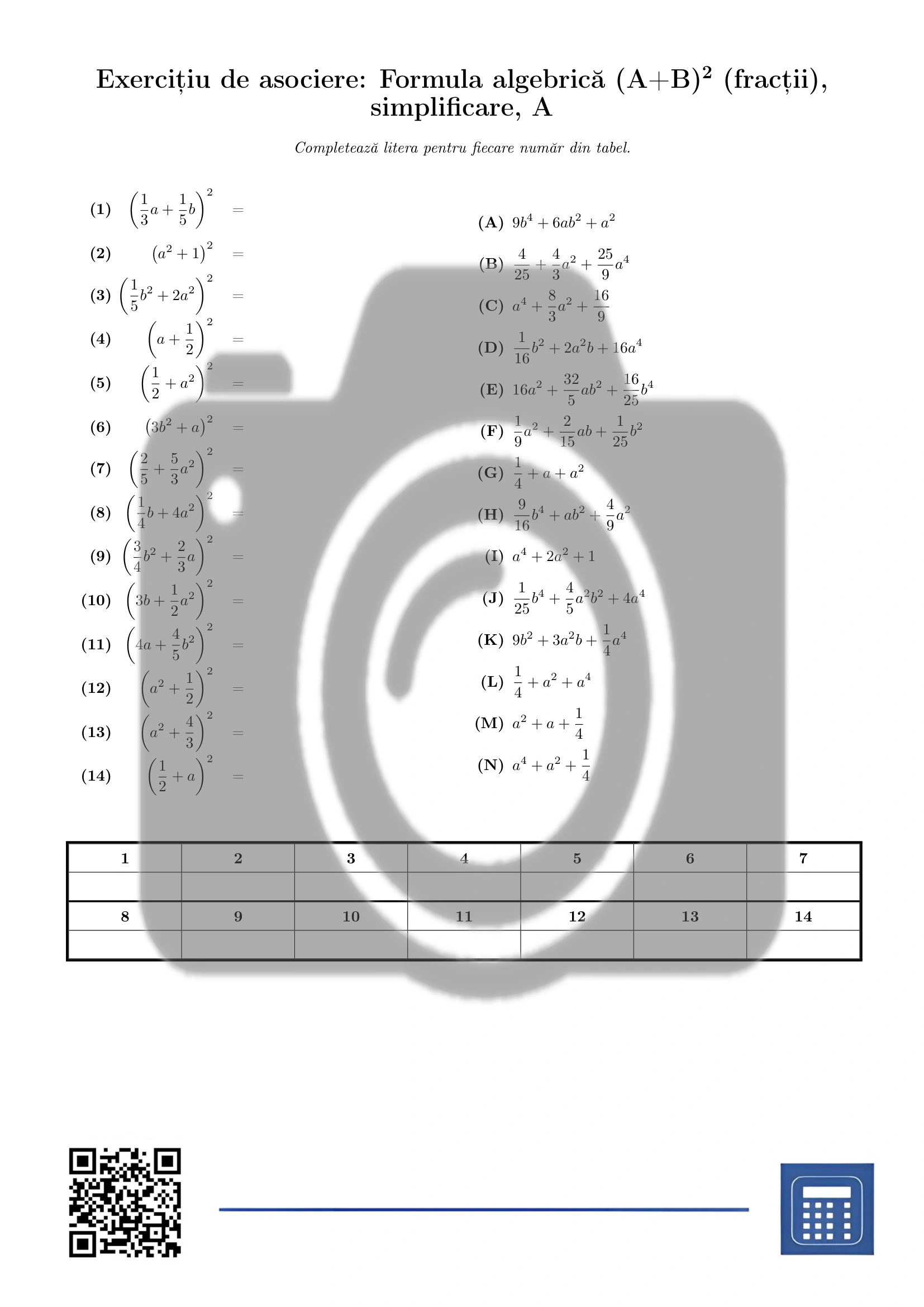 Exercițiu de asociere: Formula algebrică (A+B)² (fracții), simplificare - imagine 2