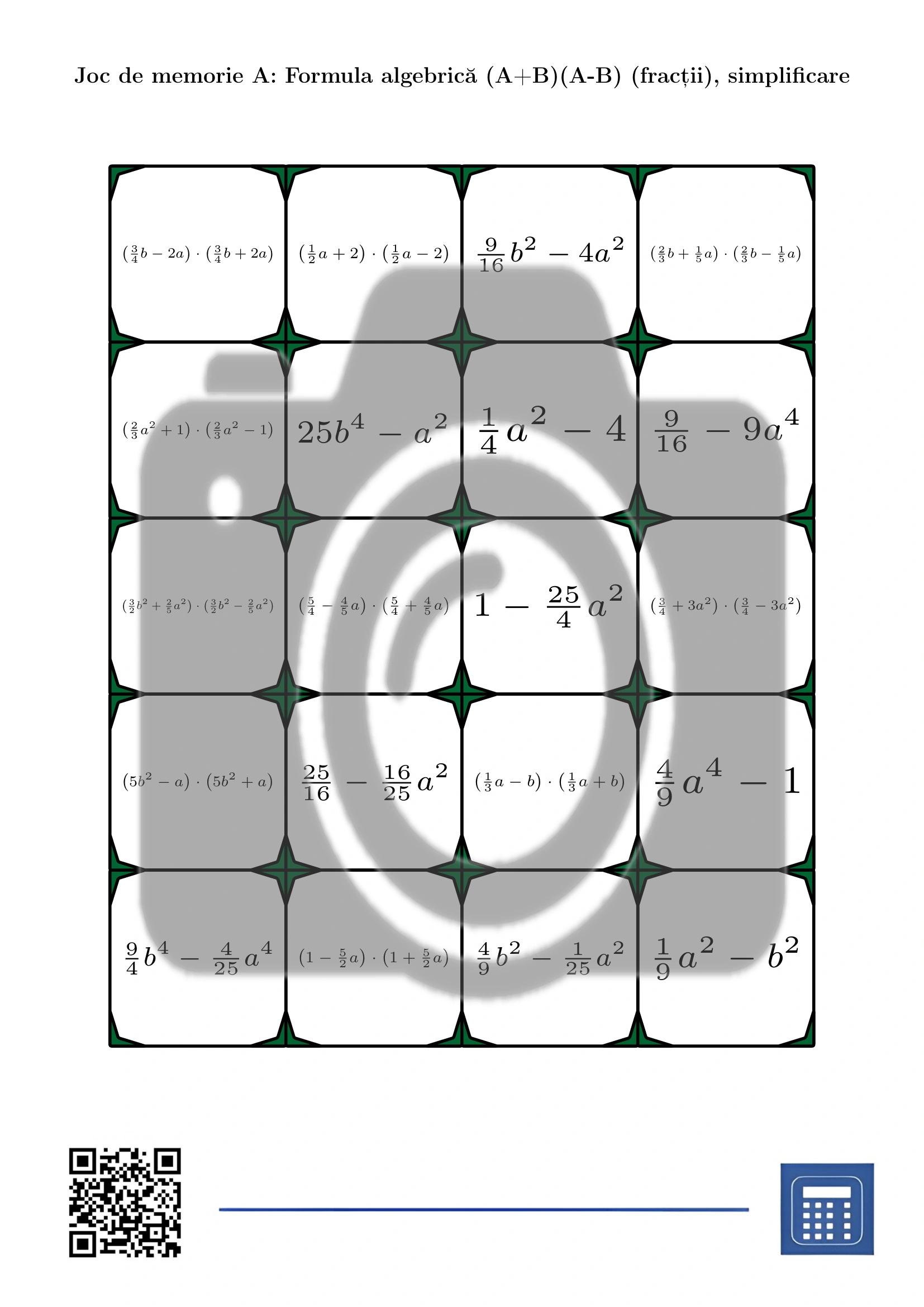 Joc de memorie: Formula algebrică (A+B)(A-B) (fracții), simplificare - imagine 2