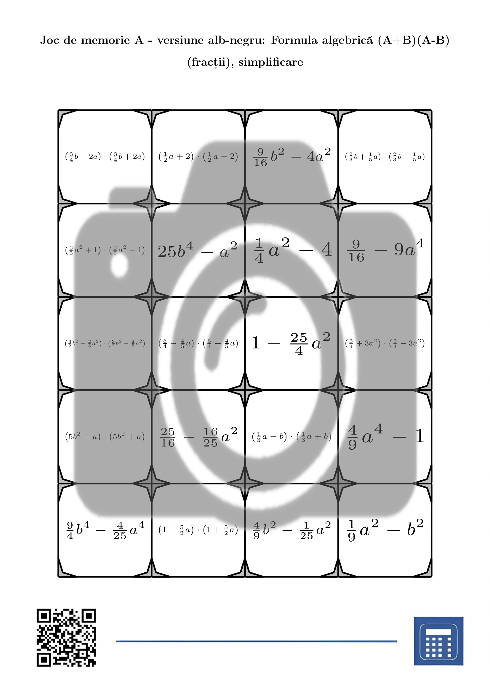 Joc de memorie: Formula algebrică (A+B)(A-B) (fracții), simplificare - imagine 3