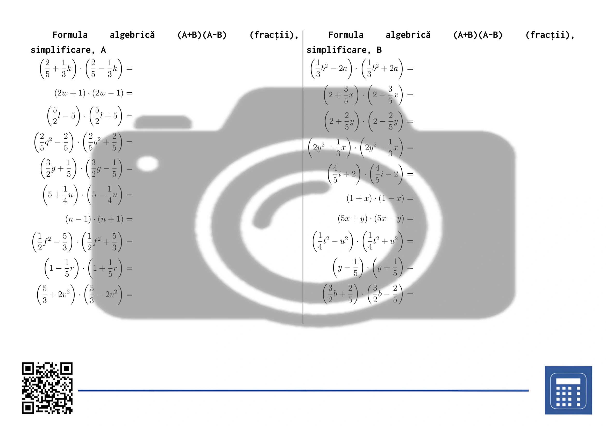 Fișă de lucru: Formula algebrică (A+B)(A-B) (fracții), simplificare - imagine 2