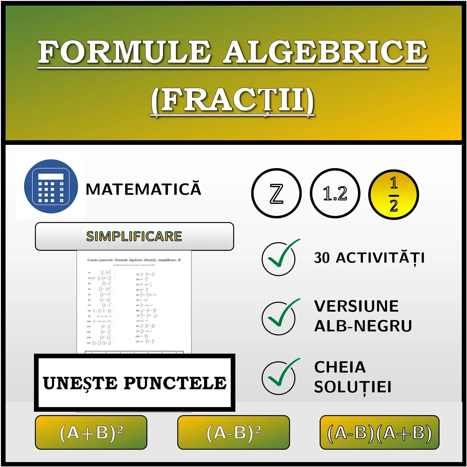 Exercițiu de asociere: Formule algebrice (fracții), simplificare