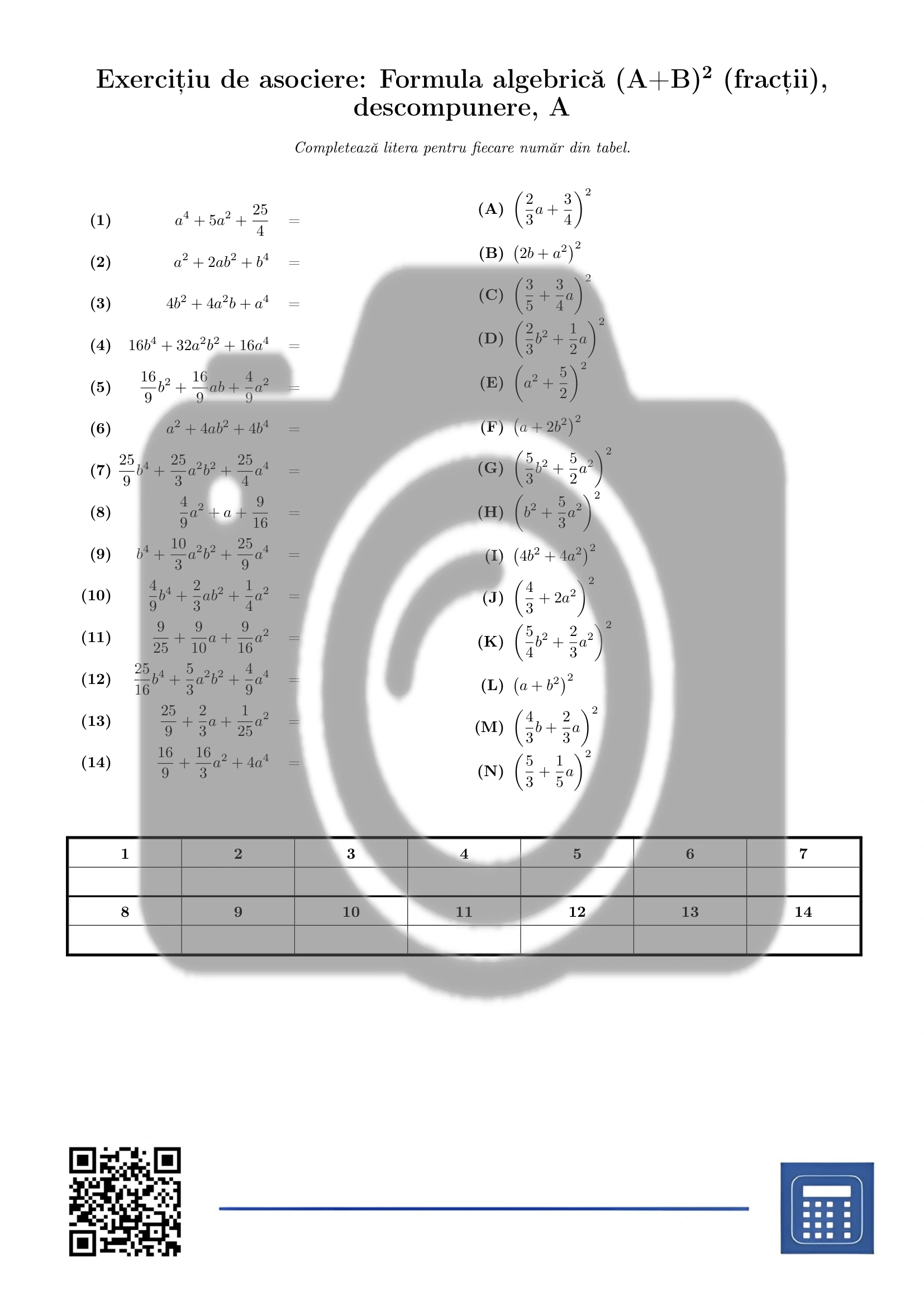 Exercițiu de asociere: Formula algebrică (A+B)² (fracții), descompunere - imagine 2