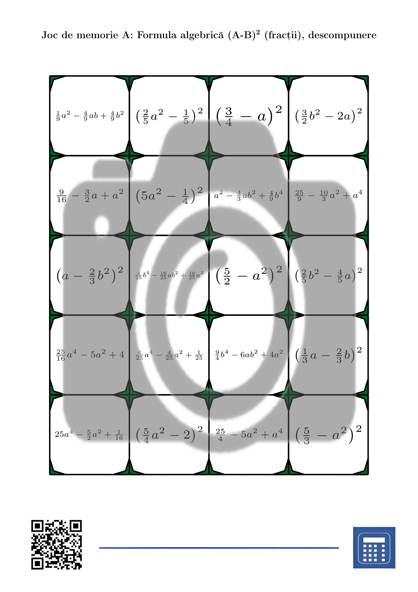 Joc de memorie: Formula algebrică (A-B)² (fracții), descompunere - imagine 2