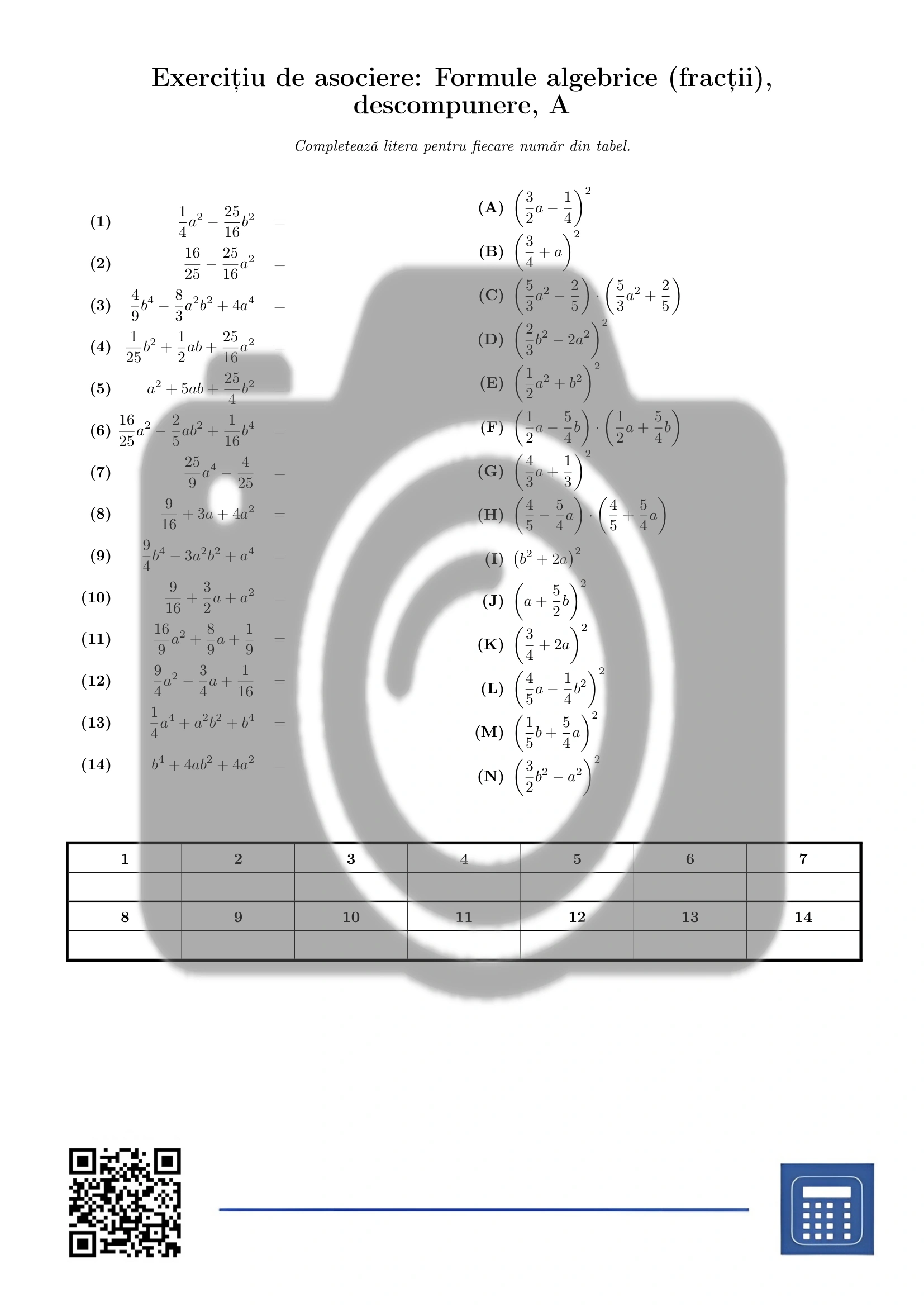 Exercițiu de asociere: Formule algebrice (fracții), descompunere - imagine 2