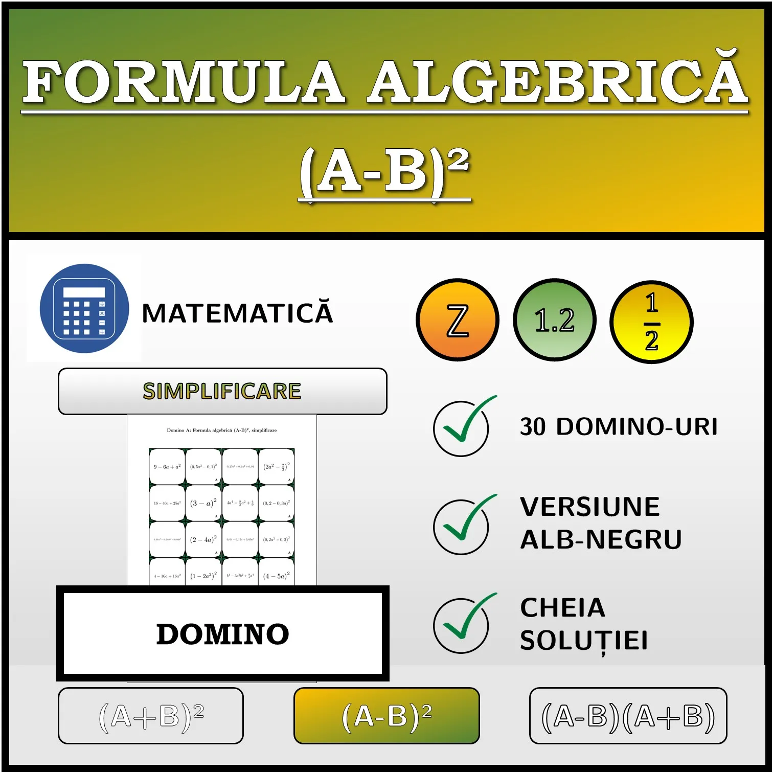 Domino: Formula algebrică (A-B)², simplificare