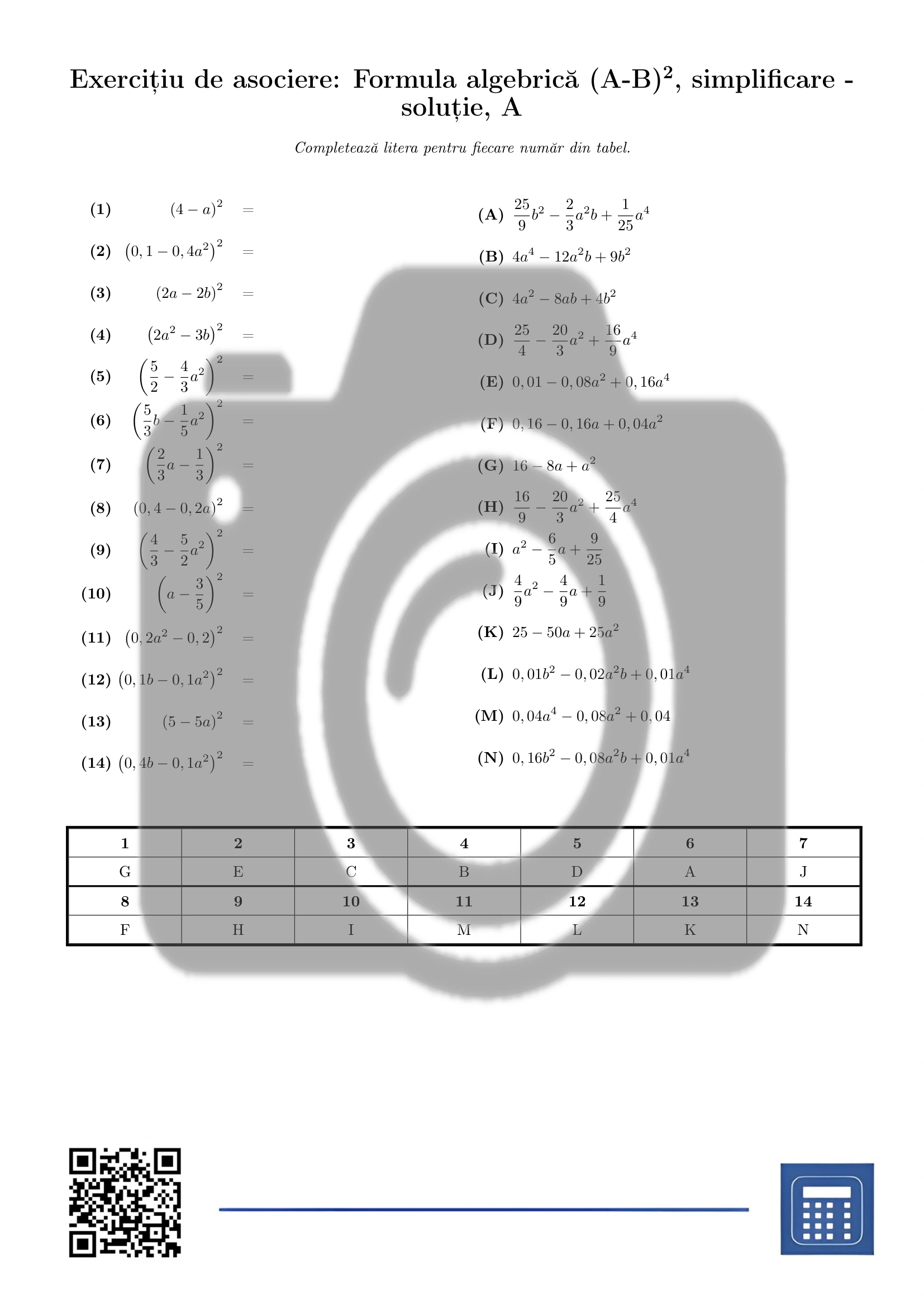 Exercițiu de asociere: Formula algebrică (A-B)², simplificare - imagine 3