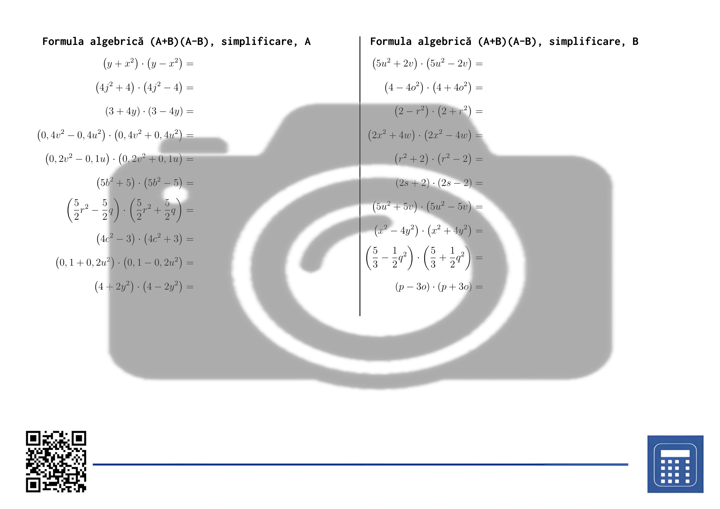 Fișă de lucru: Formula algebrică (A+B)(A-B), simplificare - imagine 2