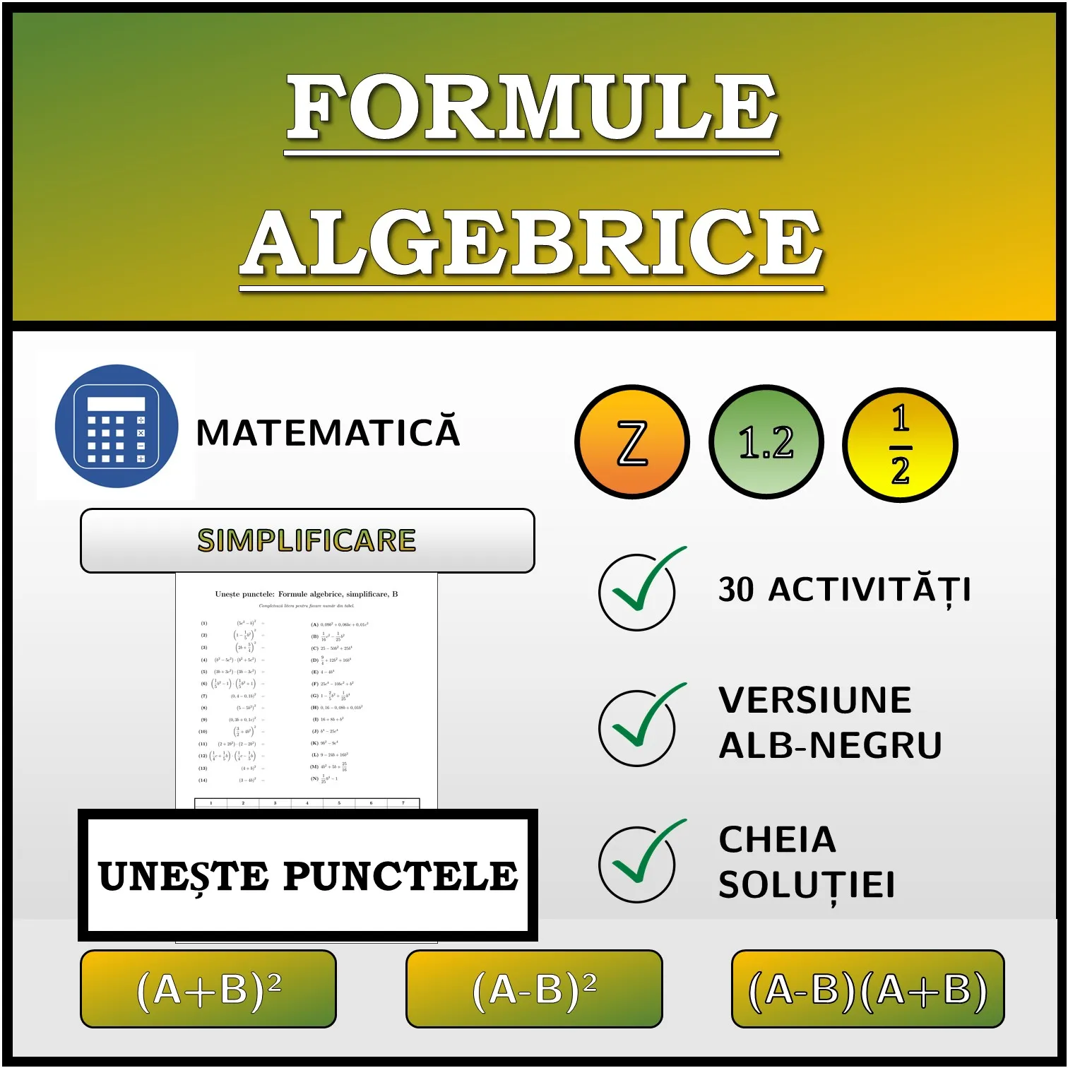 Exercițiu de asociere: Formule algebrice, simplificare