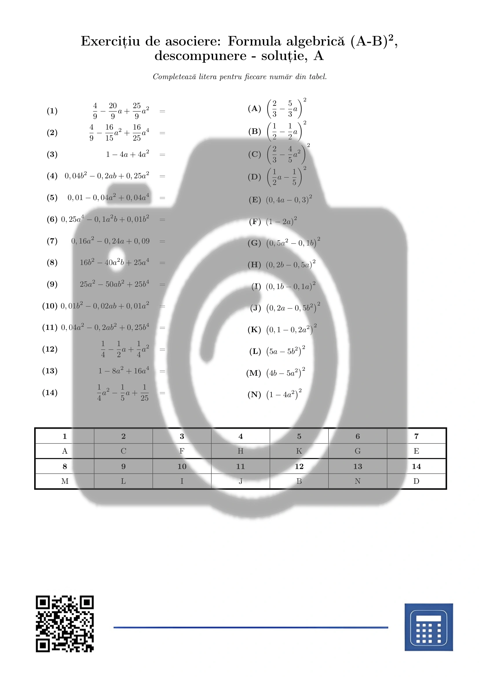 Exercițiu de asociere: Formula algebrică (A-B)², descompunere - imagine 3