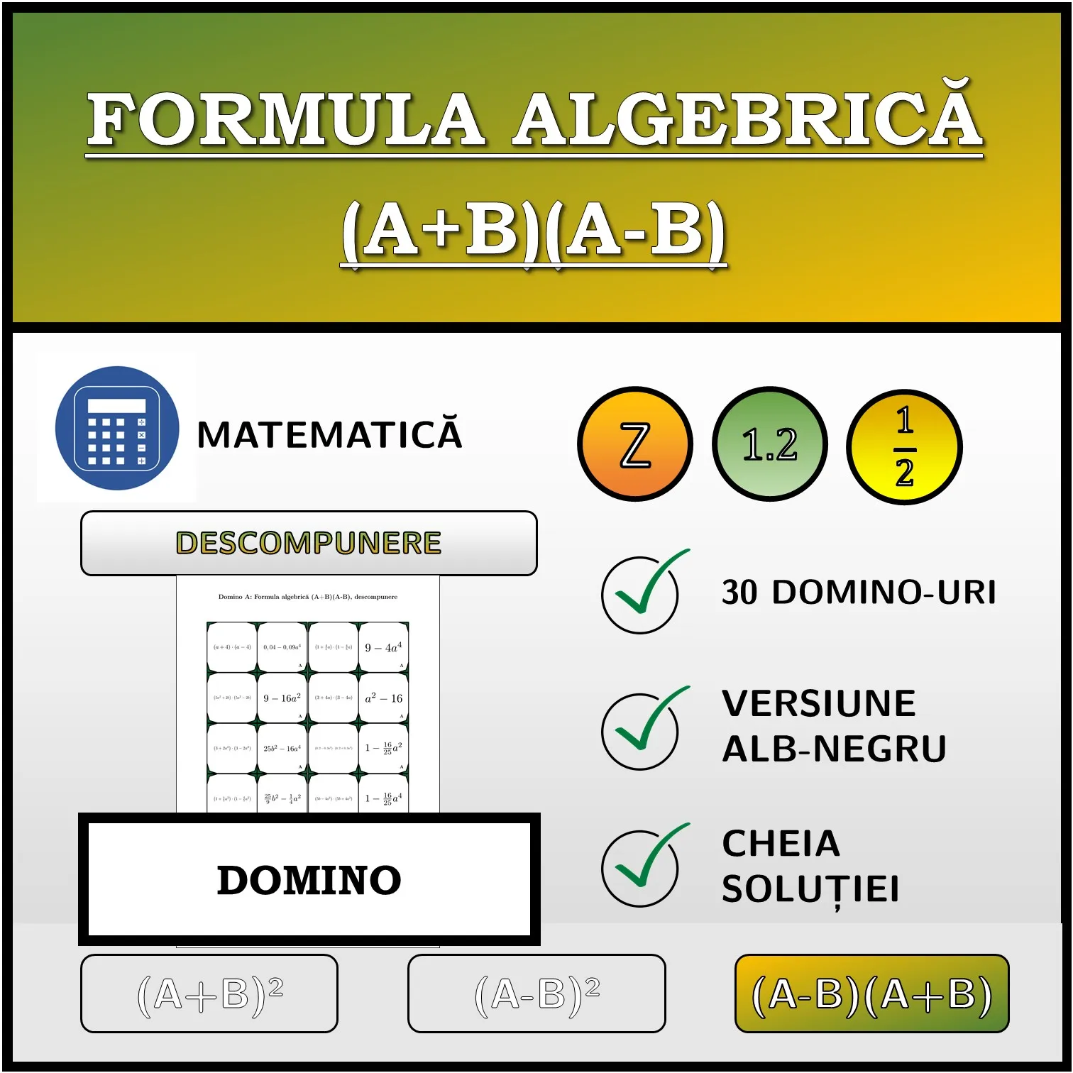 Domino: Formula algebrică (A+B)(A-B), descompunere
