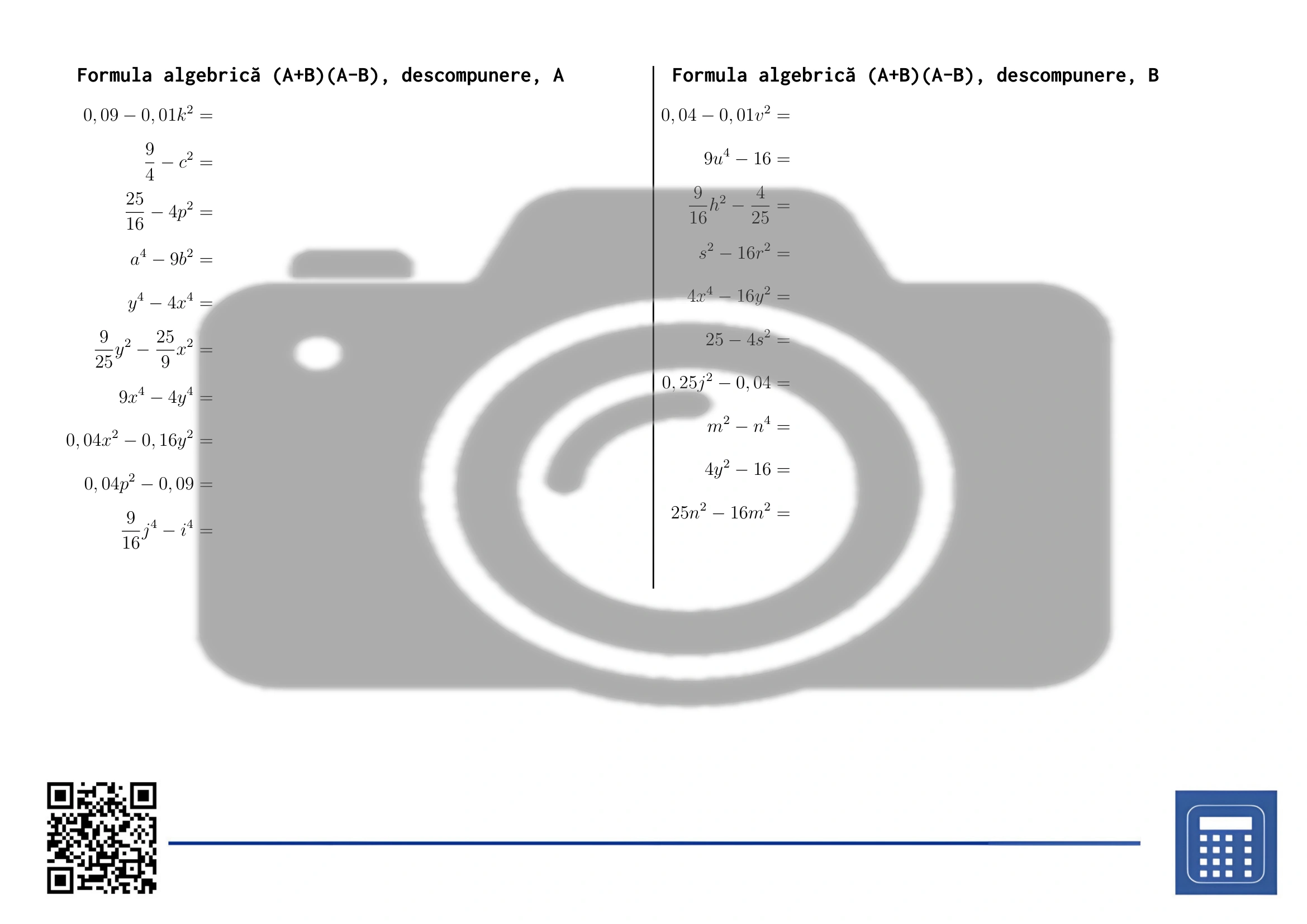 Fișă de lucru: Formula algebrică (A+B)(A-B), descompunere - imagine 2
